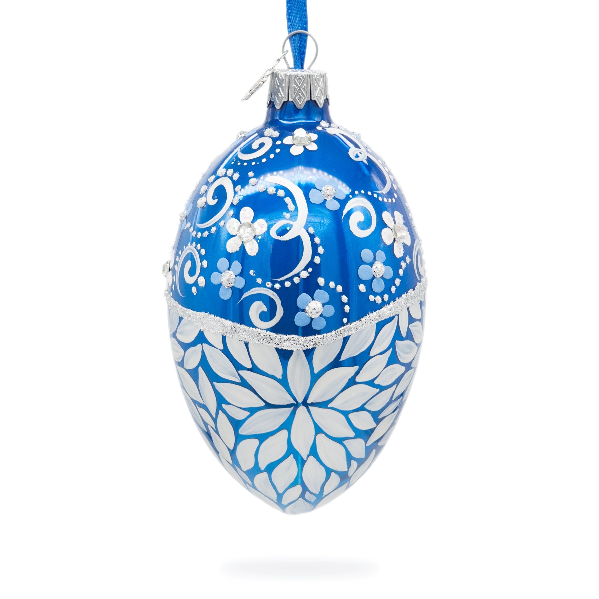 White Pearled Flowers On Glossy Blue Glass Egg Ornament 4 Inches