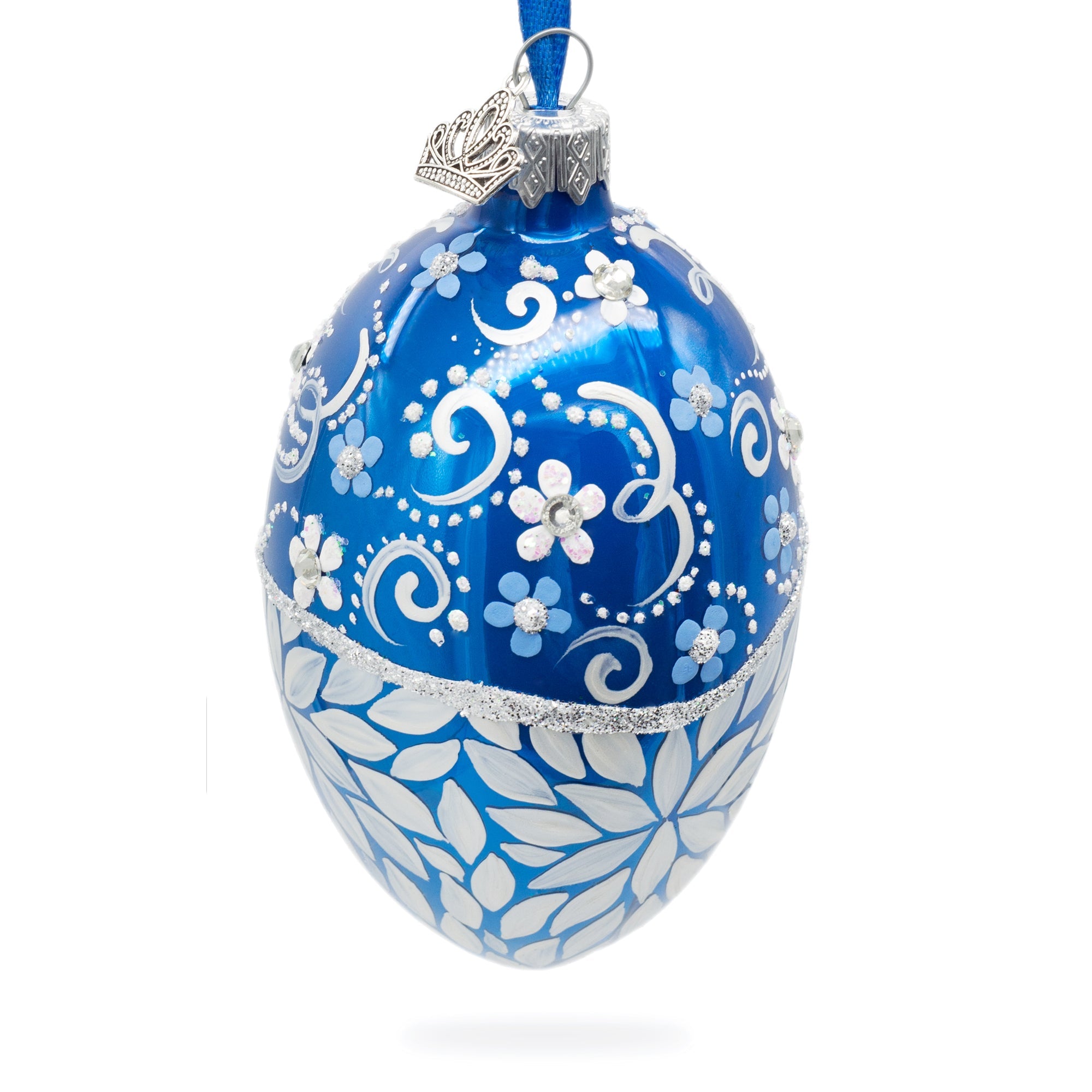 White Pearled Flowers On Glossy Blue Glass Egg Ornament 4 Inches