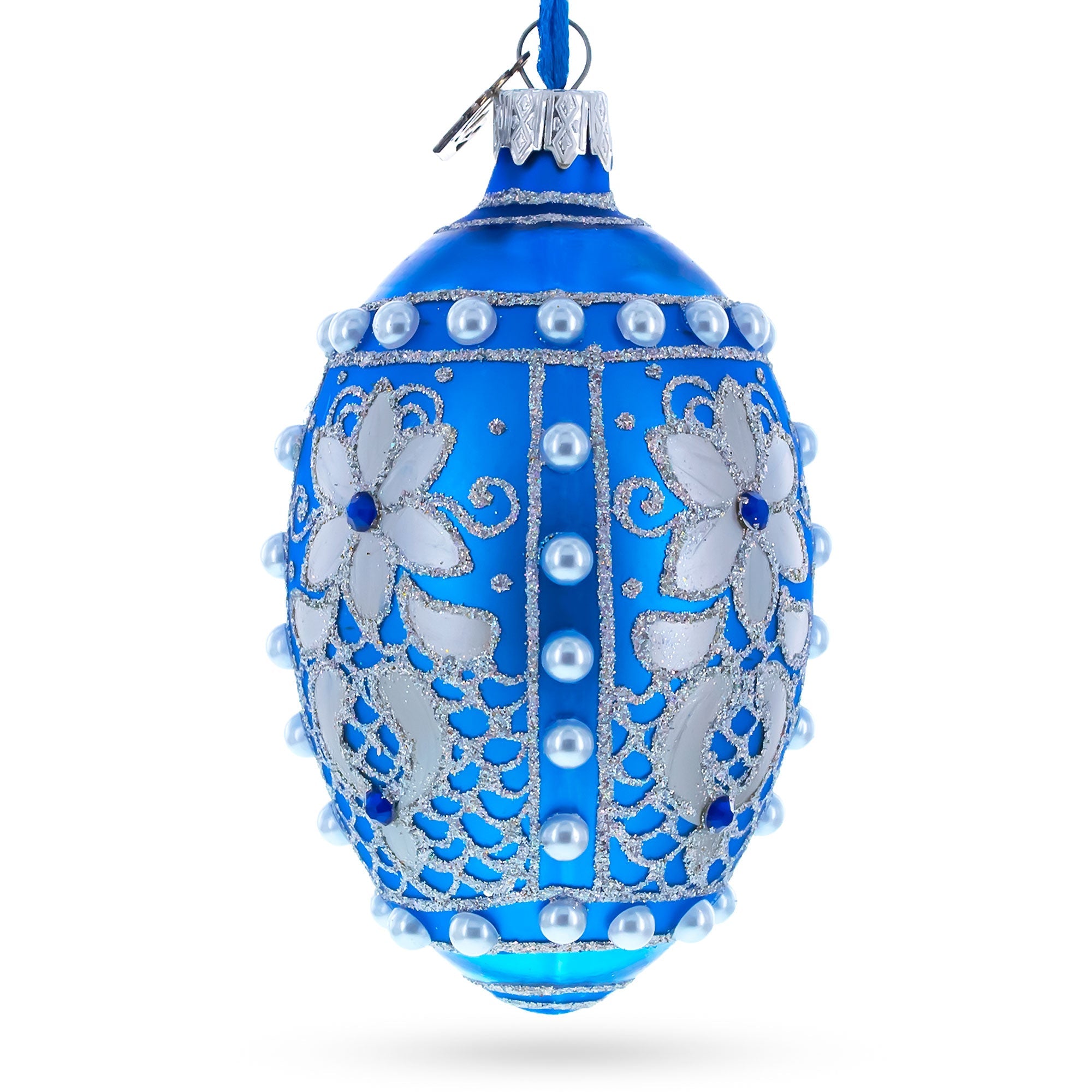 Pearls On Blue Glass Egg Ornament 4 Inches