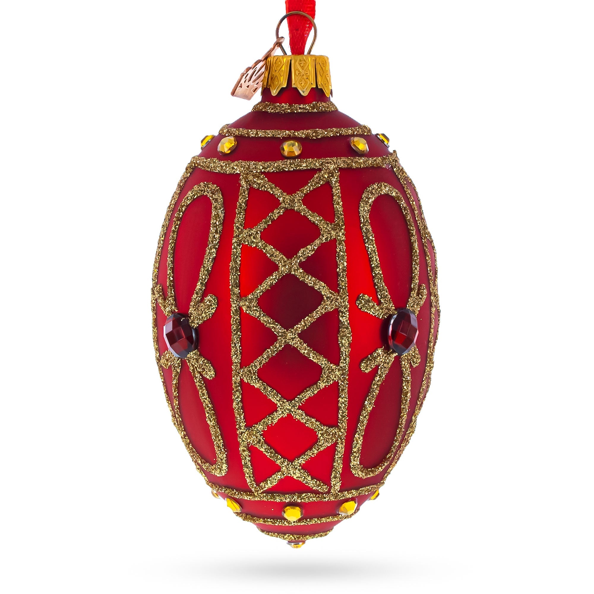 Red Jewel On Red Glass Egg Ornament 4 Inches