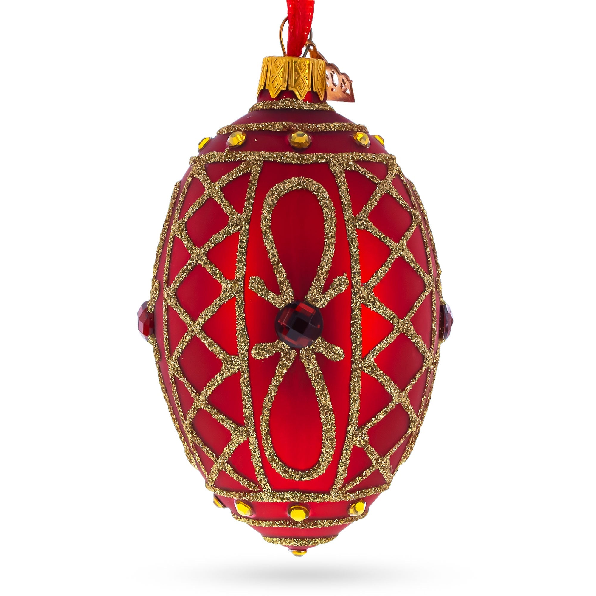 Red Jewel On Red Glass Egg Ornament 4 Inches