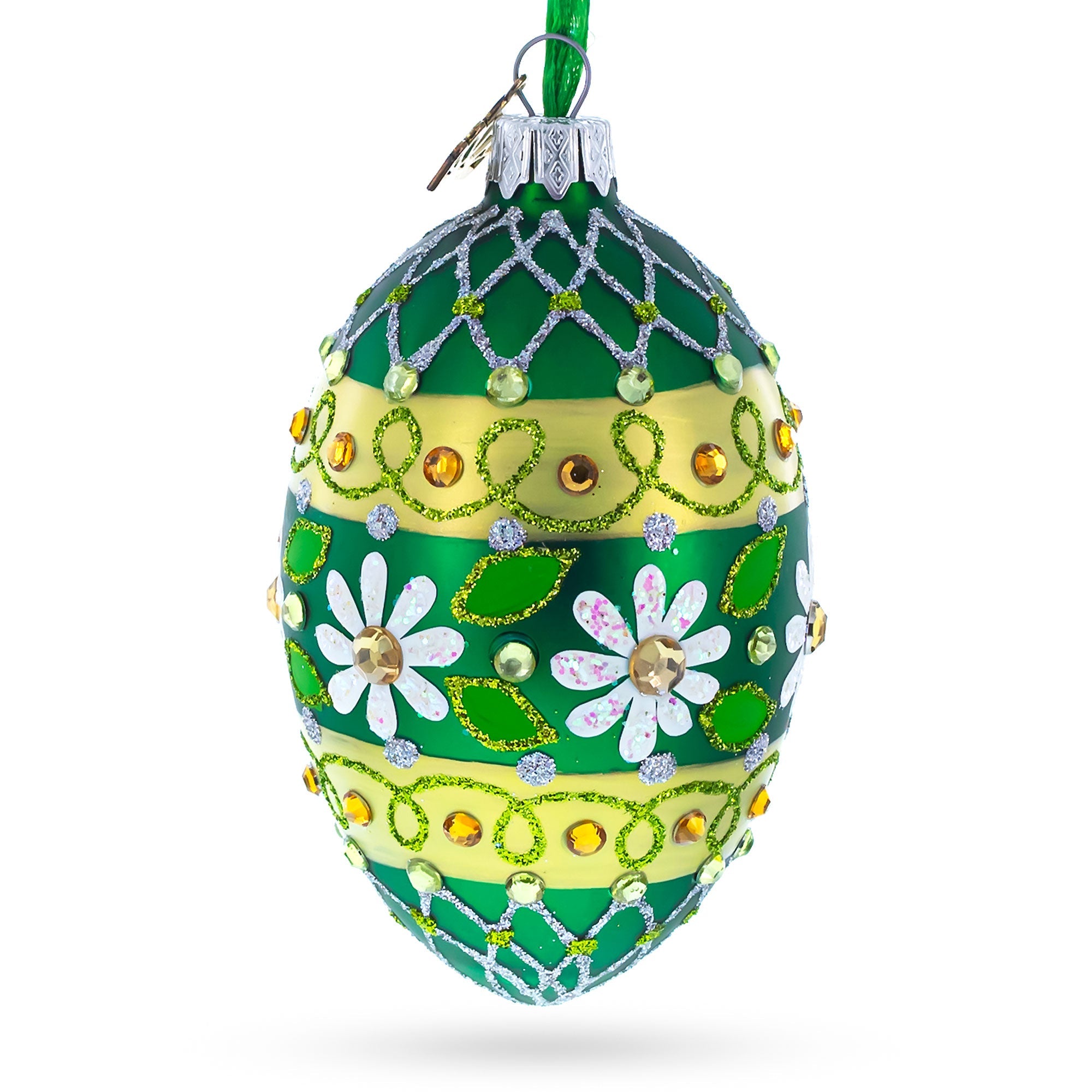 Daisies On Green Glass Egg Ornament 4 Inches