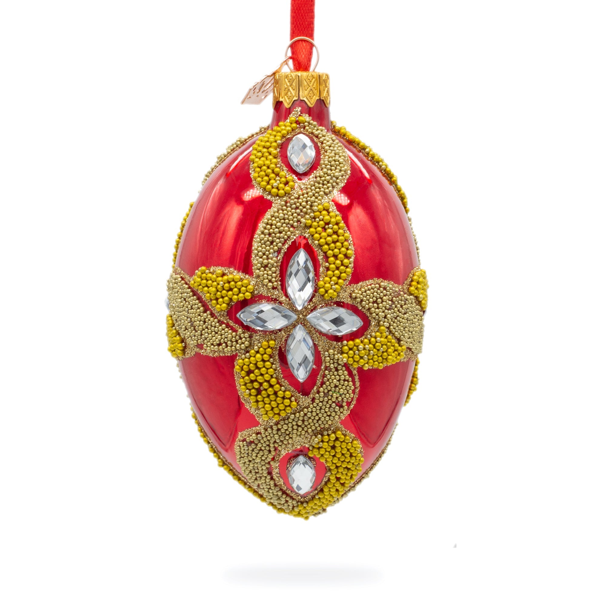 Diamond Star On Red Glass Egg Ornament 4 Inches