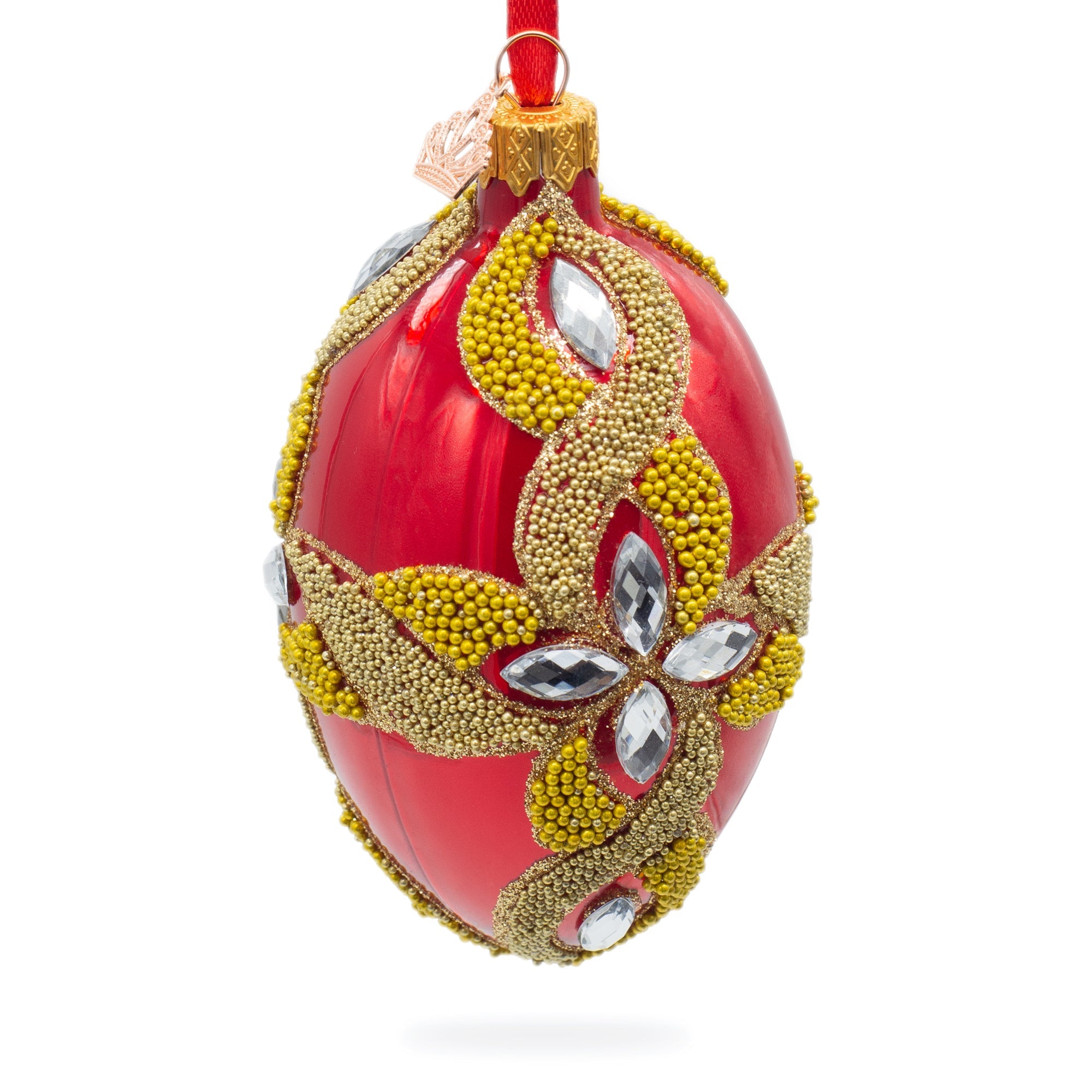 Diamond Star On Red Glass Egg Ornament 4 Inches