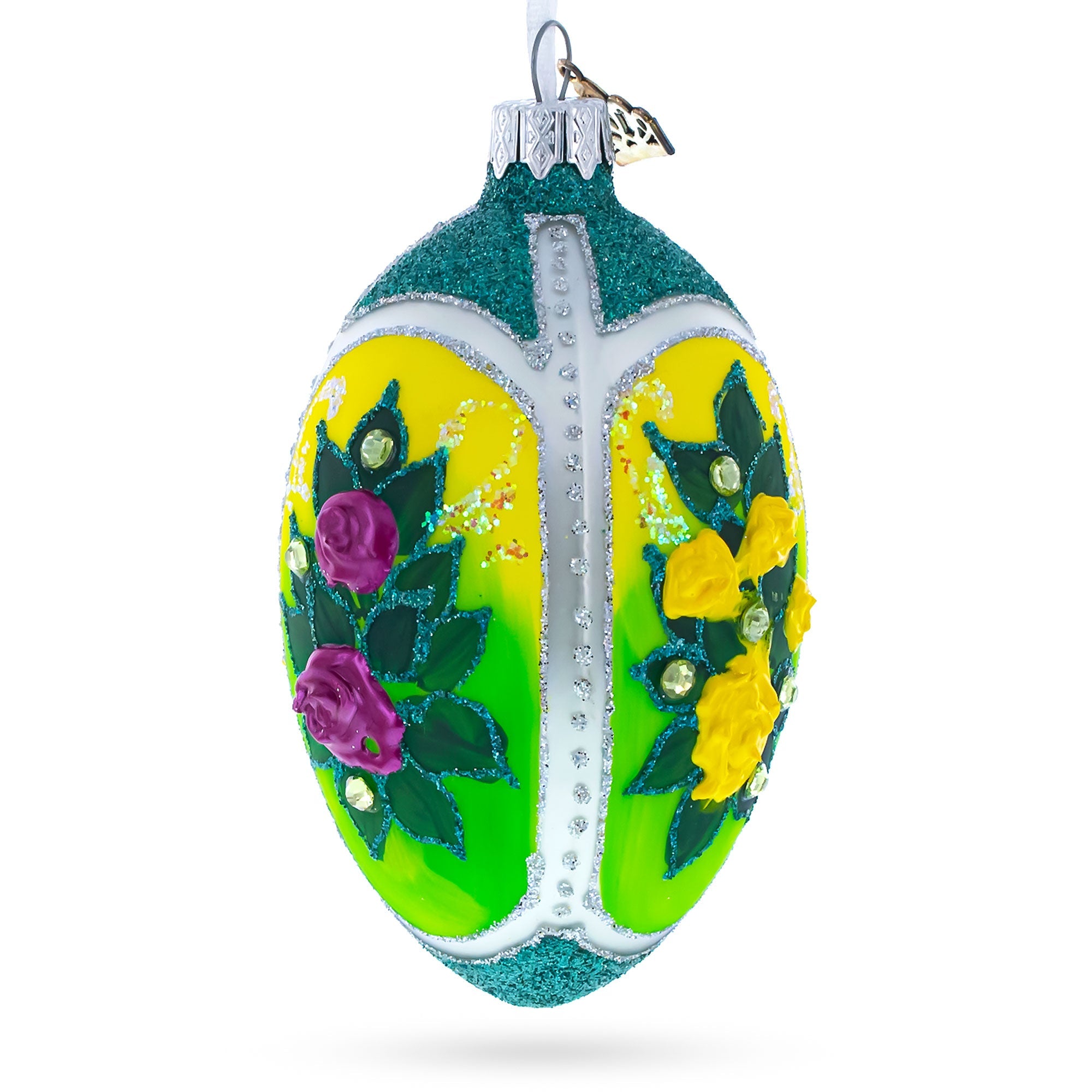 Flowers Bouquet On Green Glass Egg Ornament 4 Inches