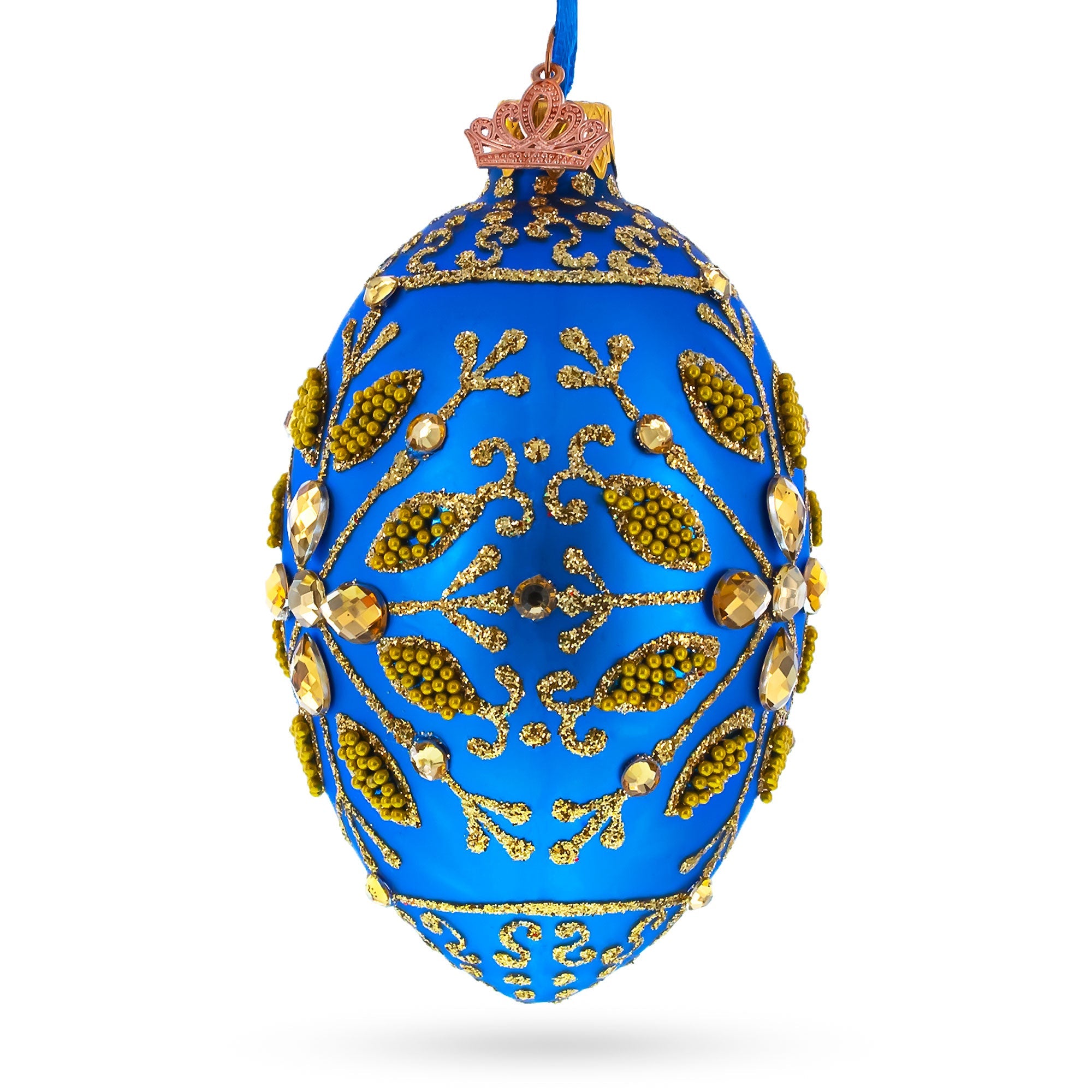 Golden Snowflake On Blue Glass Egg Ornament 4 Inches