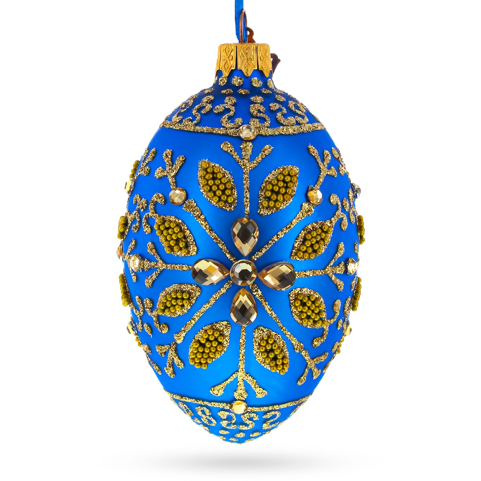 Golden Snowflake On Blue Glass Egg Ornament 4 Inches