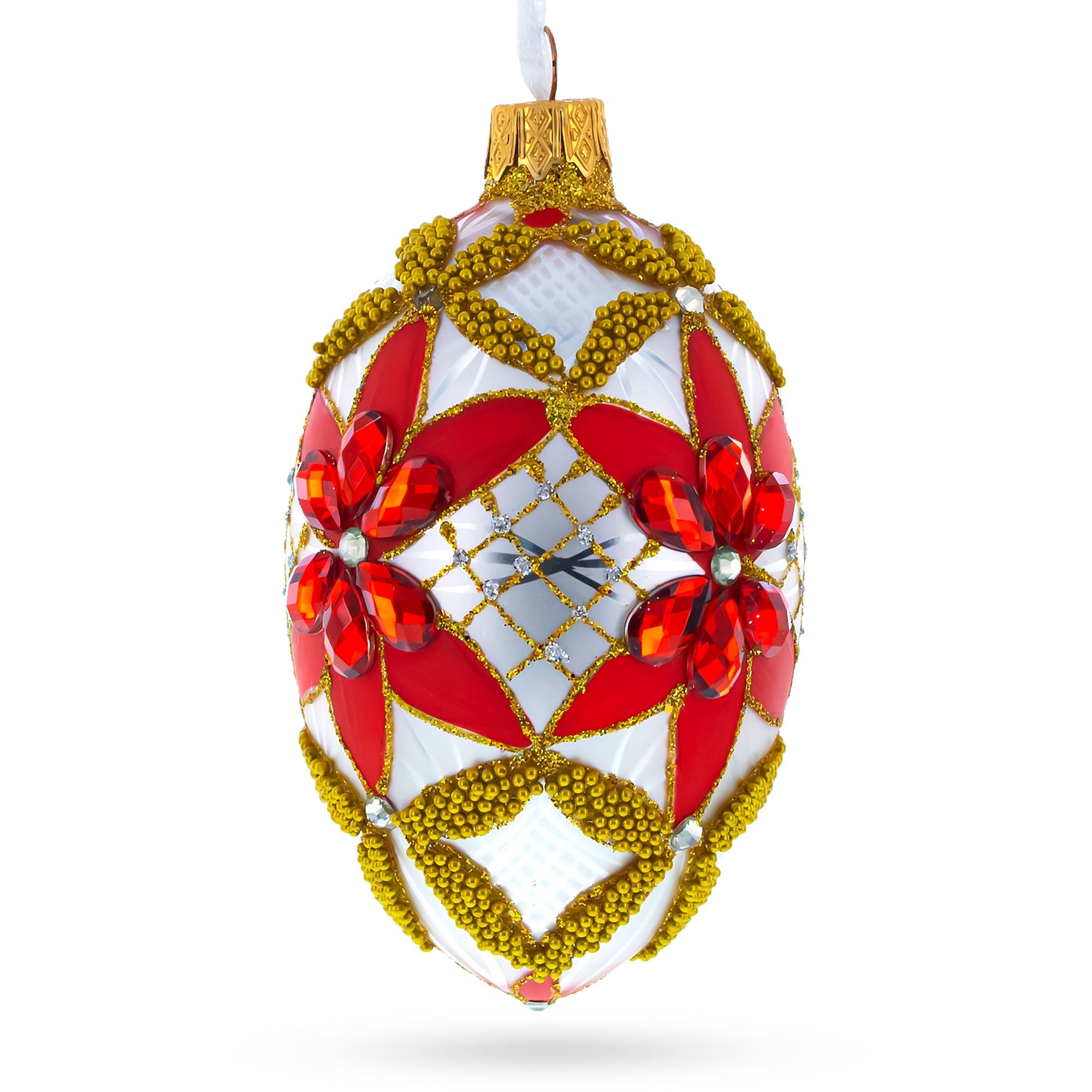 Red Jeweled Stars On White Glass Egg Ornament 4 Inches