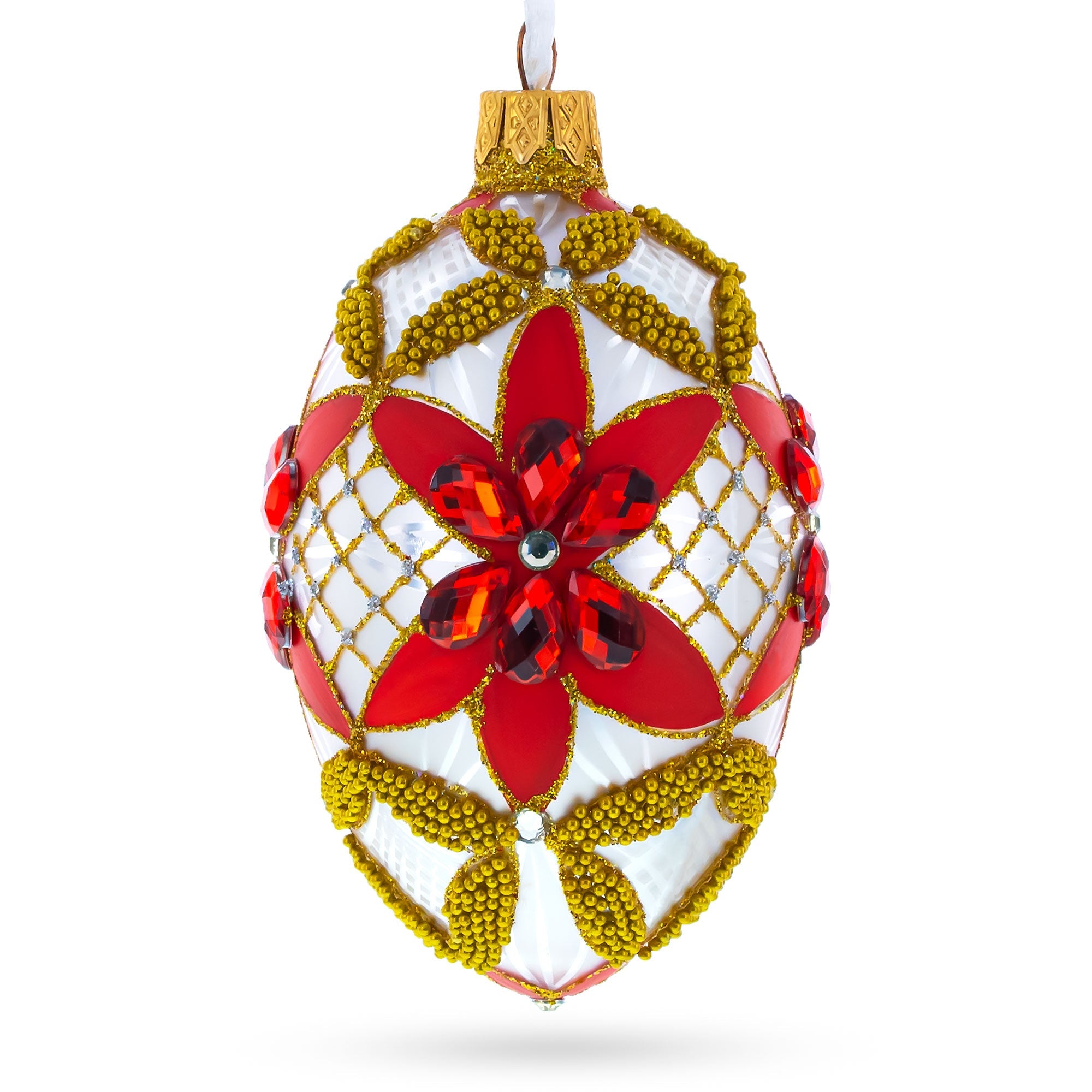 Red Jeweled Stars On White Glass Egg Ornament 4 Inches