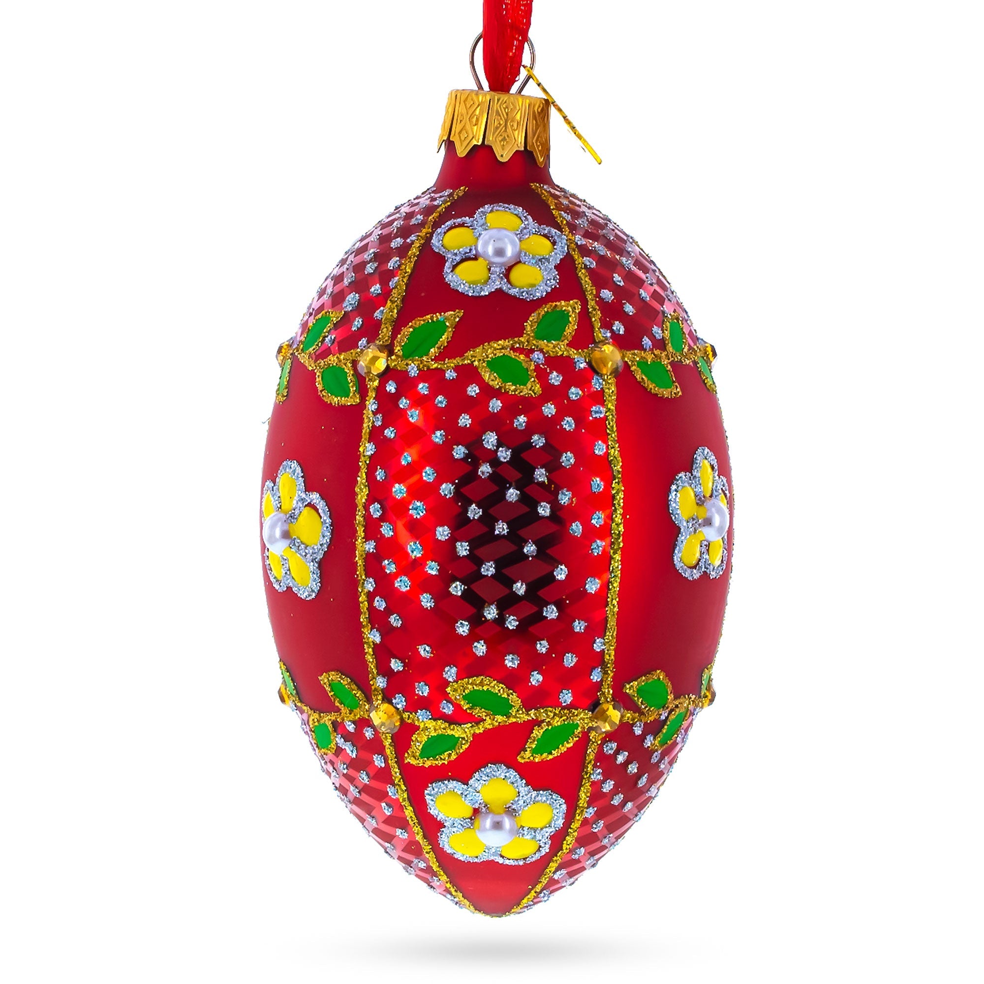 Yellow Flower On Red Glass Egg Ornament 4 Inches