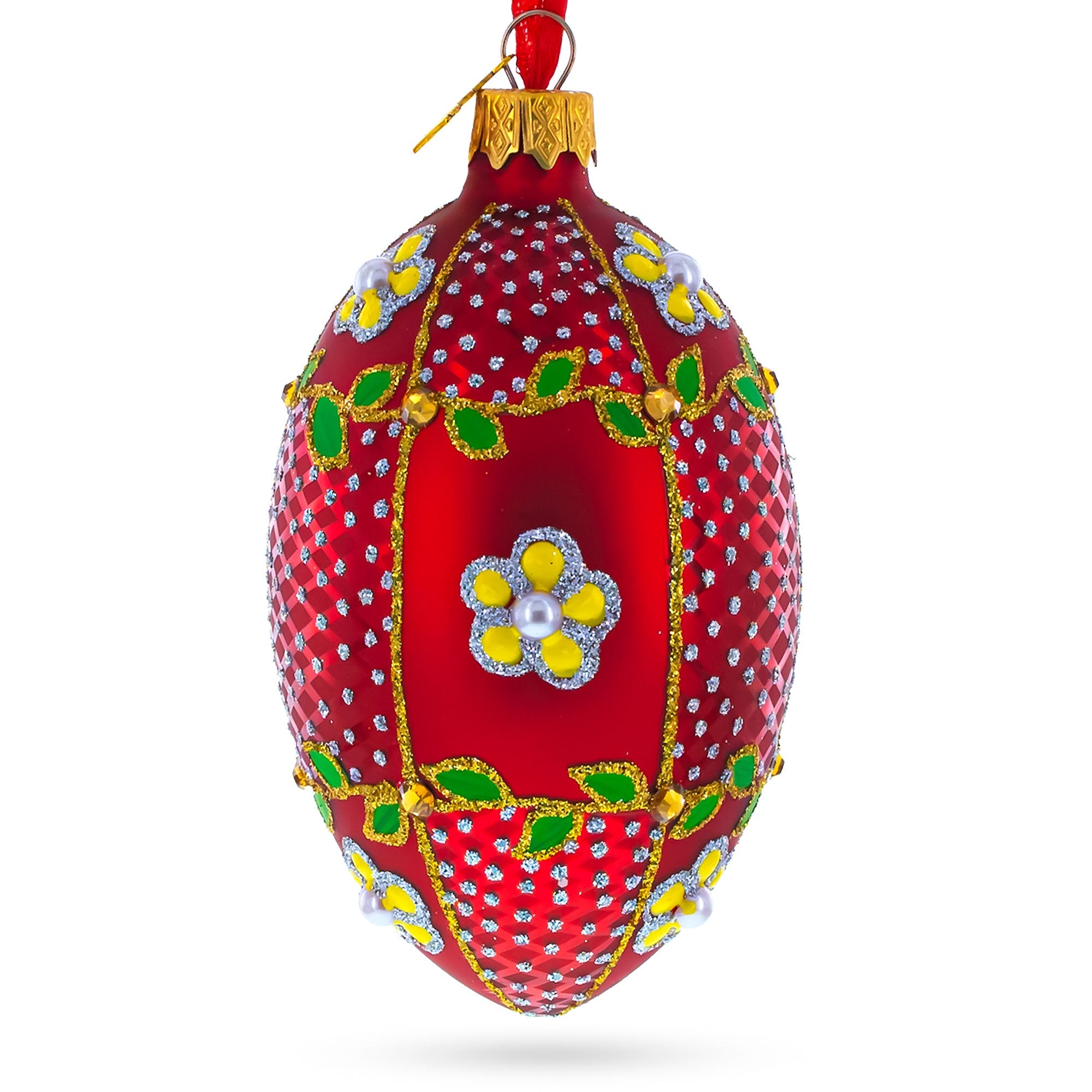 Yellow Flower On Red Glass Egg Ornament 4 Inches