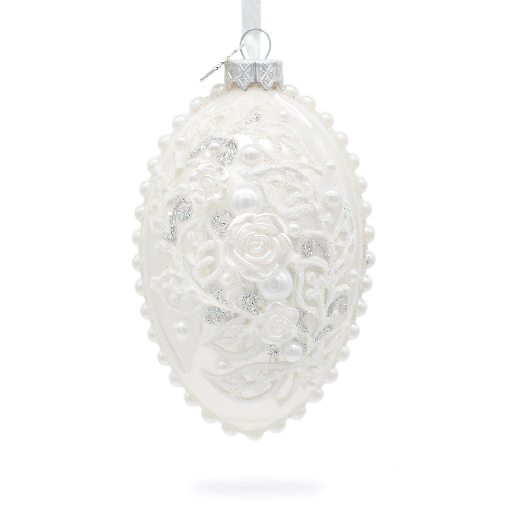 3d Pearl Roses Glass Egg Ornament 4 Inches