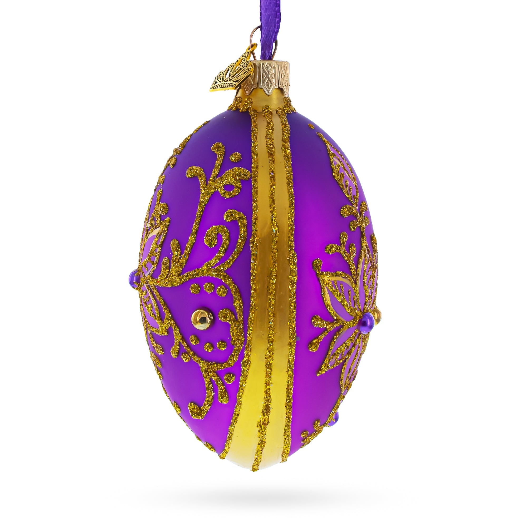 Golden Swirls On Purple Glass Egg Ornament 4 Inches