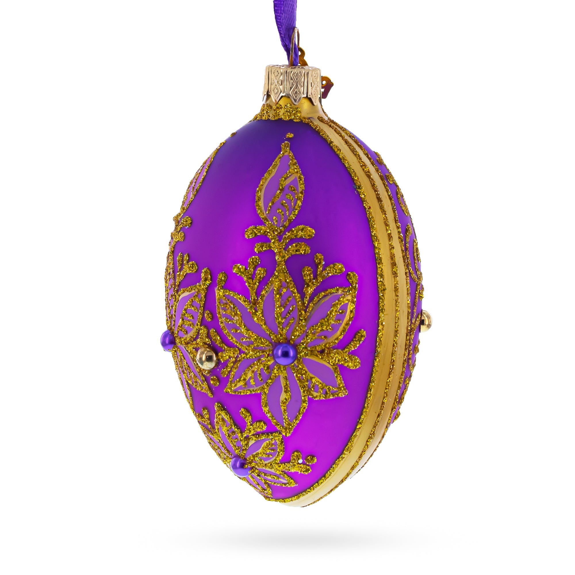 Golden Swirls On Purple Glass Egg Ornament 4 Inches