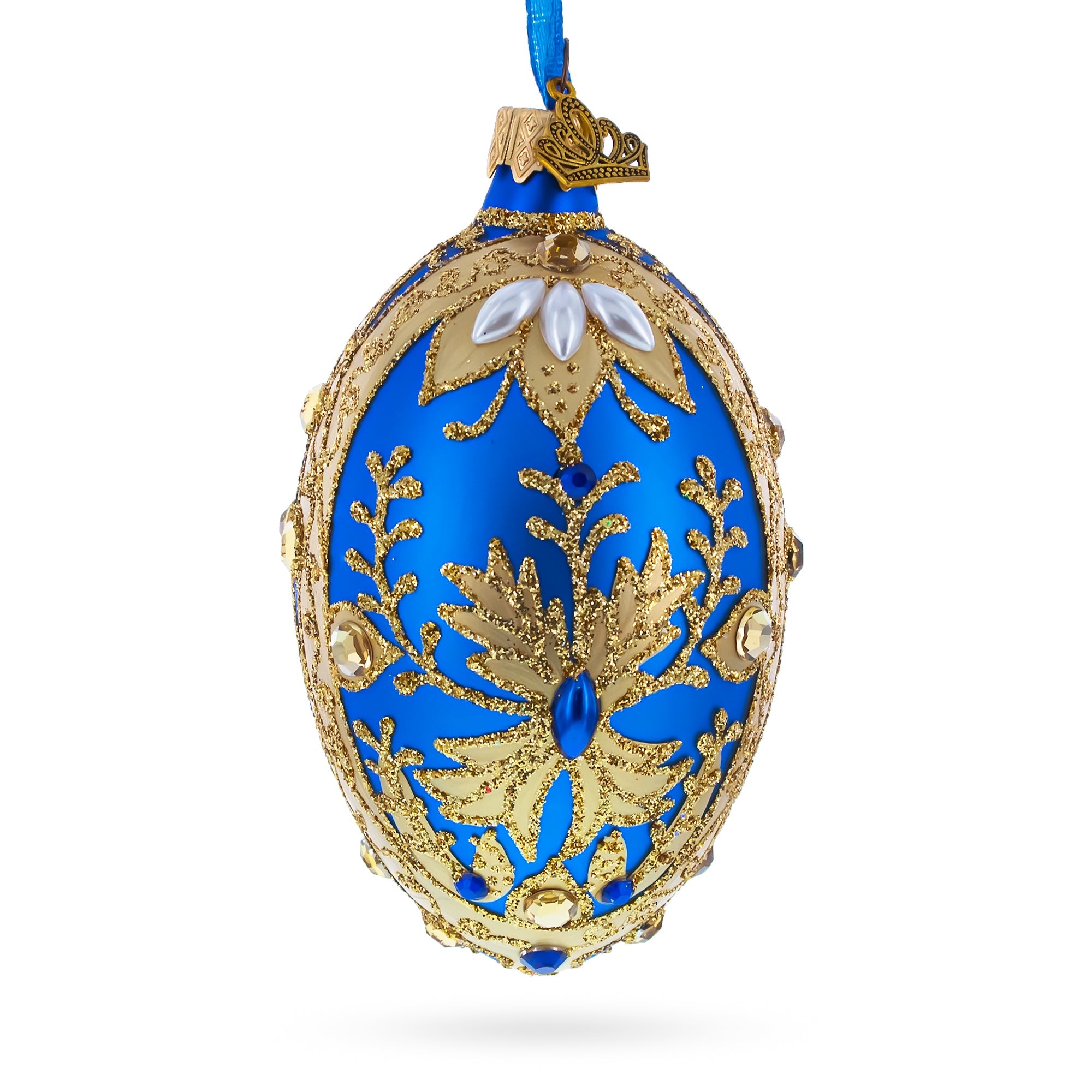 Golden Swirls On Blue Glass Egg Ornament 4 Inches