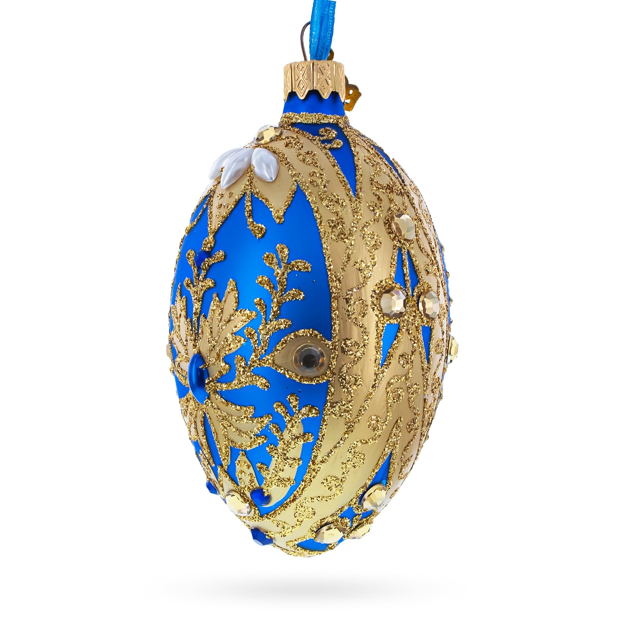 Golden Swirls On Blue Glass Egg Ornament 4 Inches