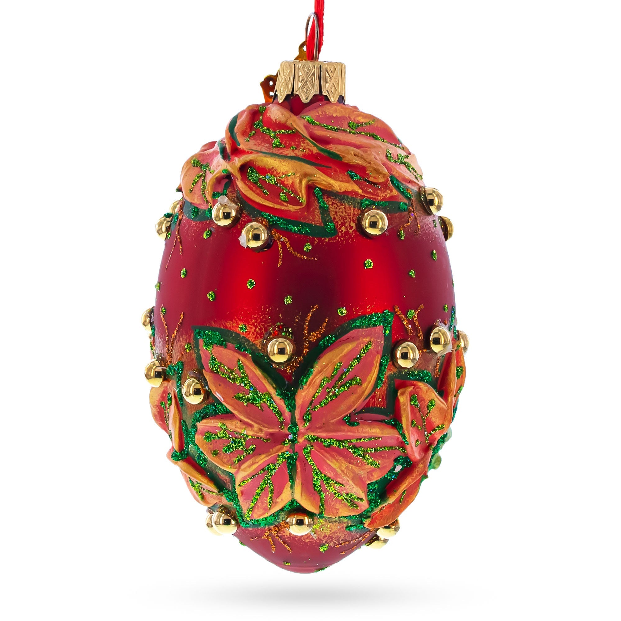 Red And Green Leaves On Red Glass Egg Ornament 4 Inches