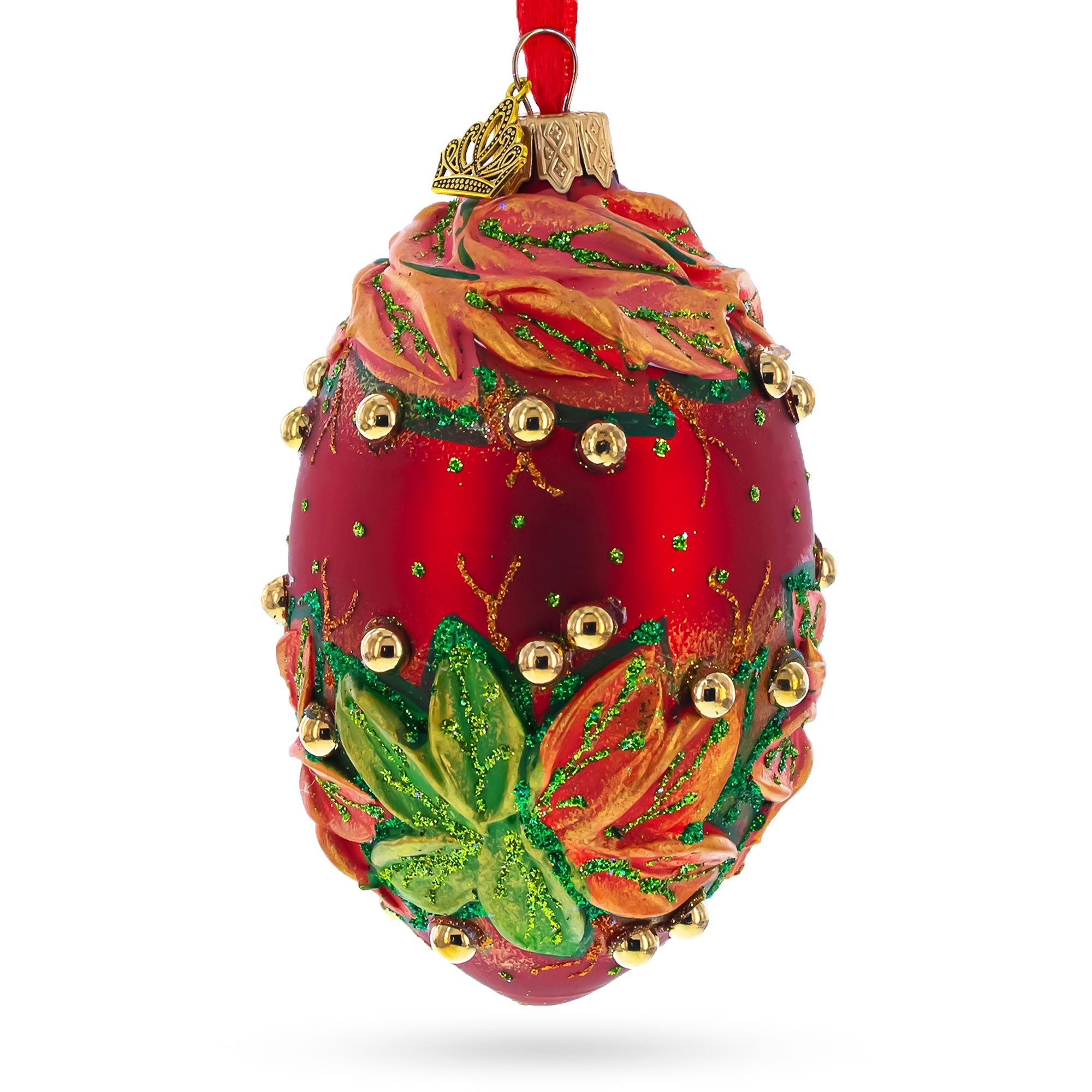 Red And Green Leaves On Red Glass Egg Ornament 4 Inches