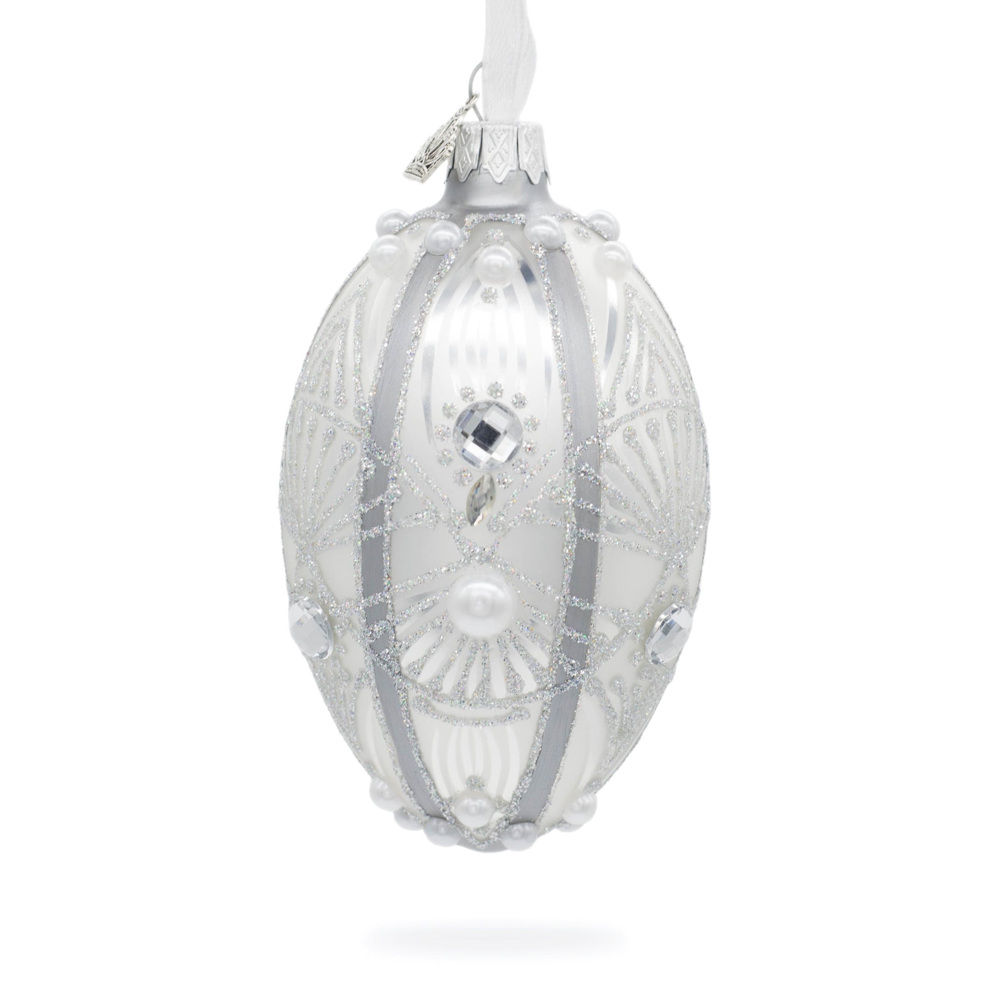 Diamonds On Silver Glass Egg Ornament 4 Inches