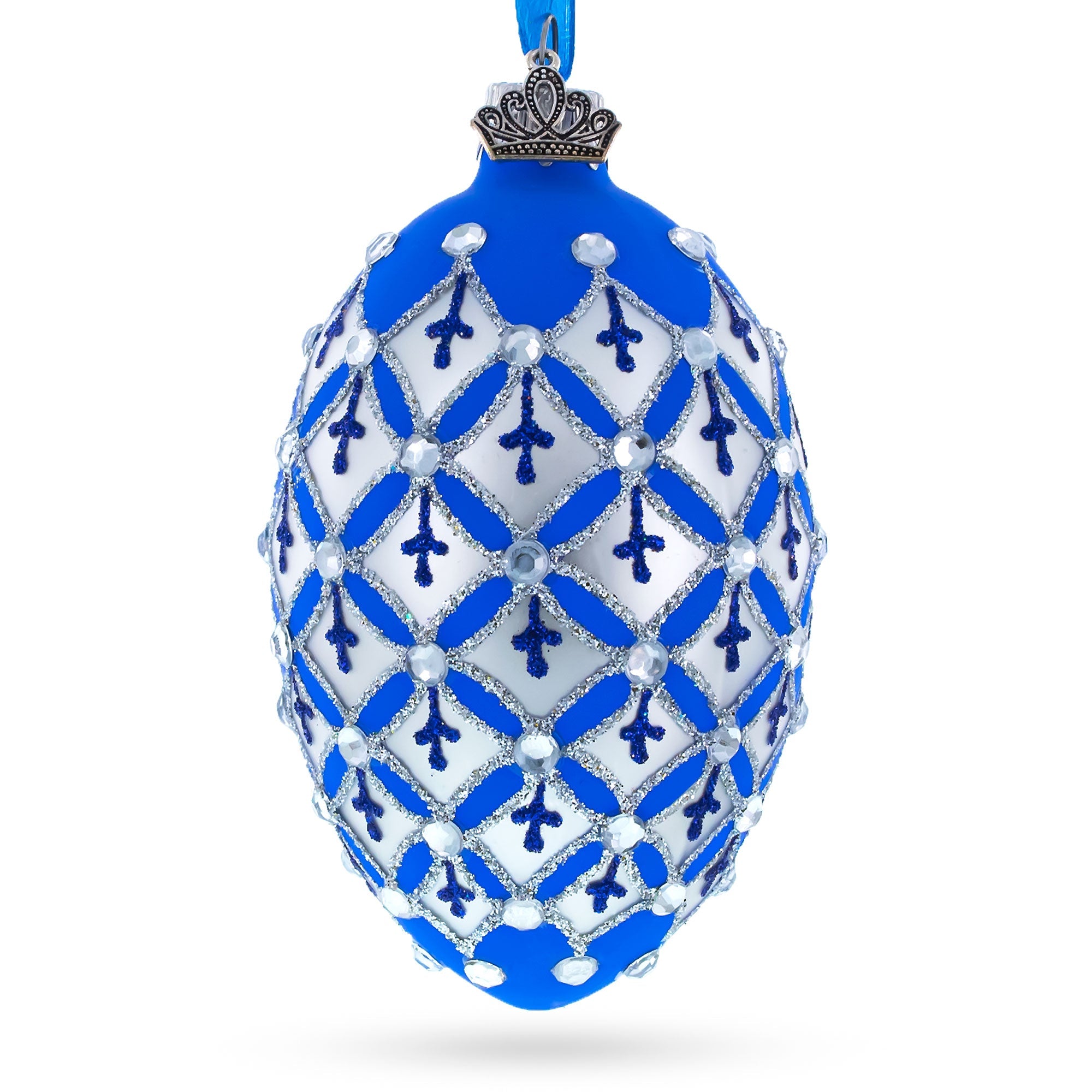 Silver Diamonds On Blue Glass Egg Ornament 4 Inches