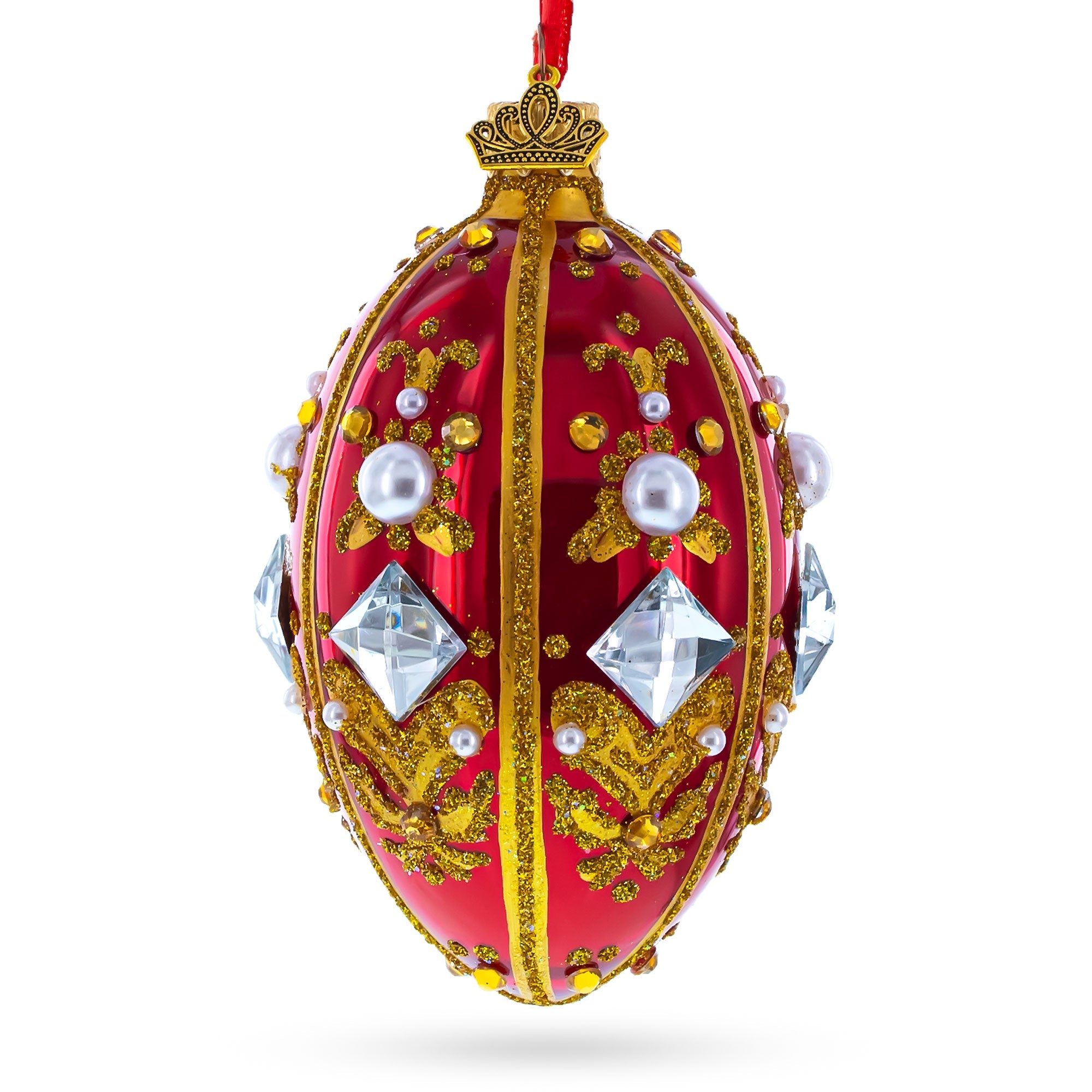 Diamonds And Pearls On Red Glass Egg Ornament 4 Inches