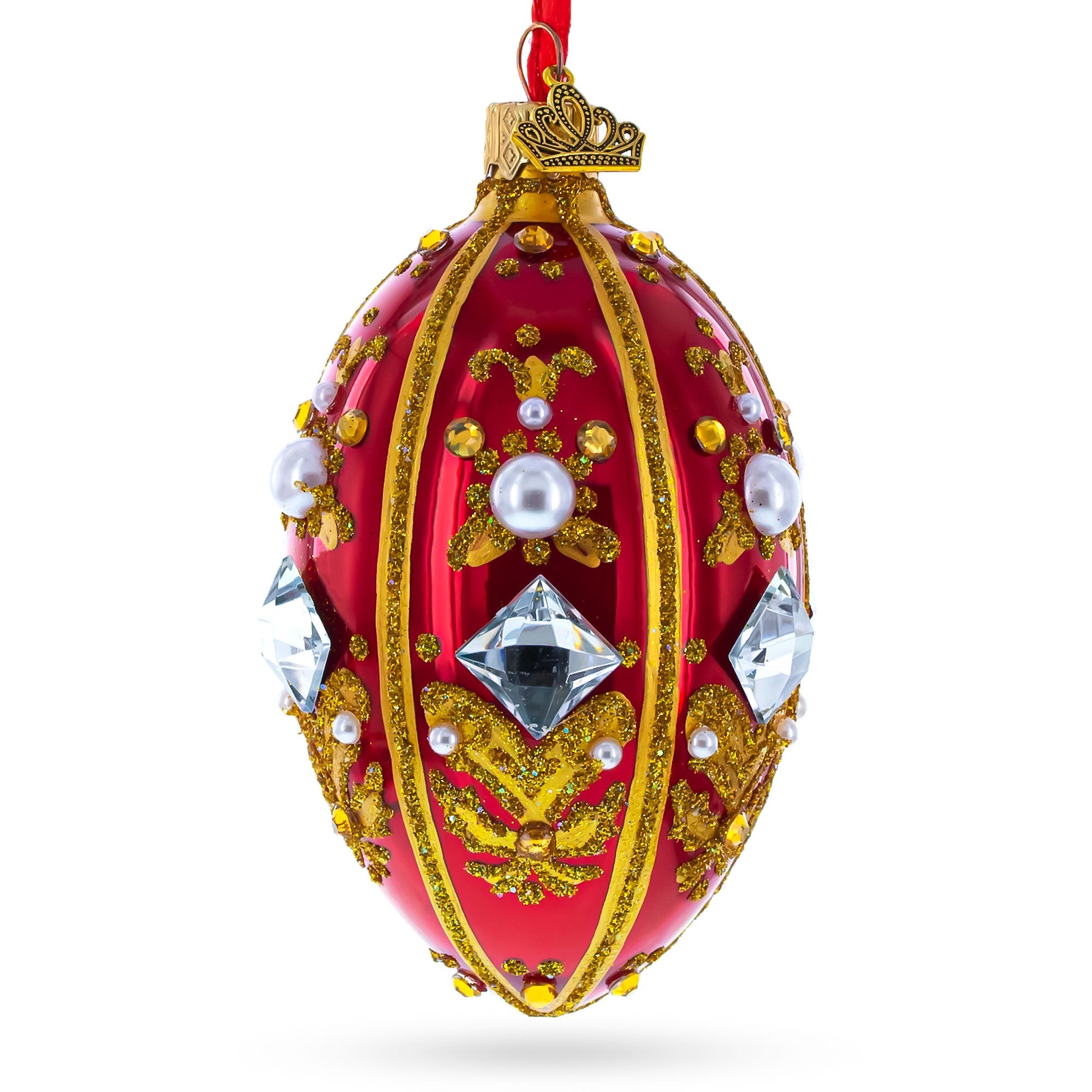 Diamonds And Pearls On Red Glass Egg Ornament 4 Inches