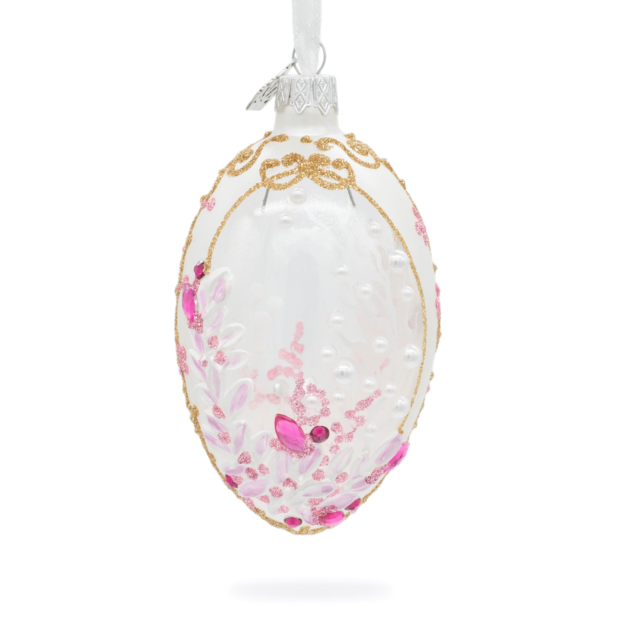 Pink Pearls On Clear Glass Egg Ornament 4 Inches