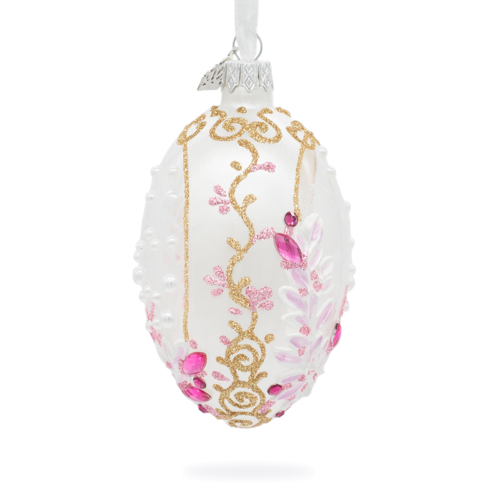 Pink Pearls On Clear Glass Egg Ornament 4 Inches