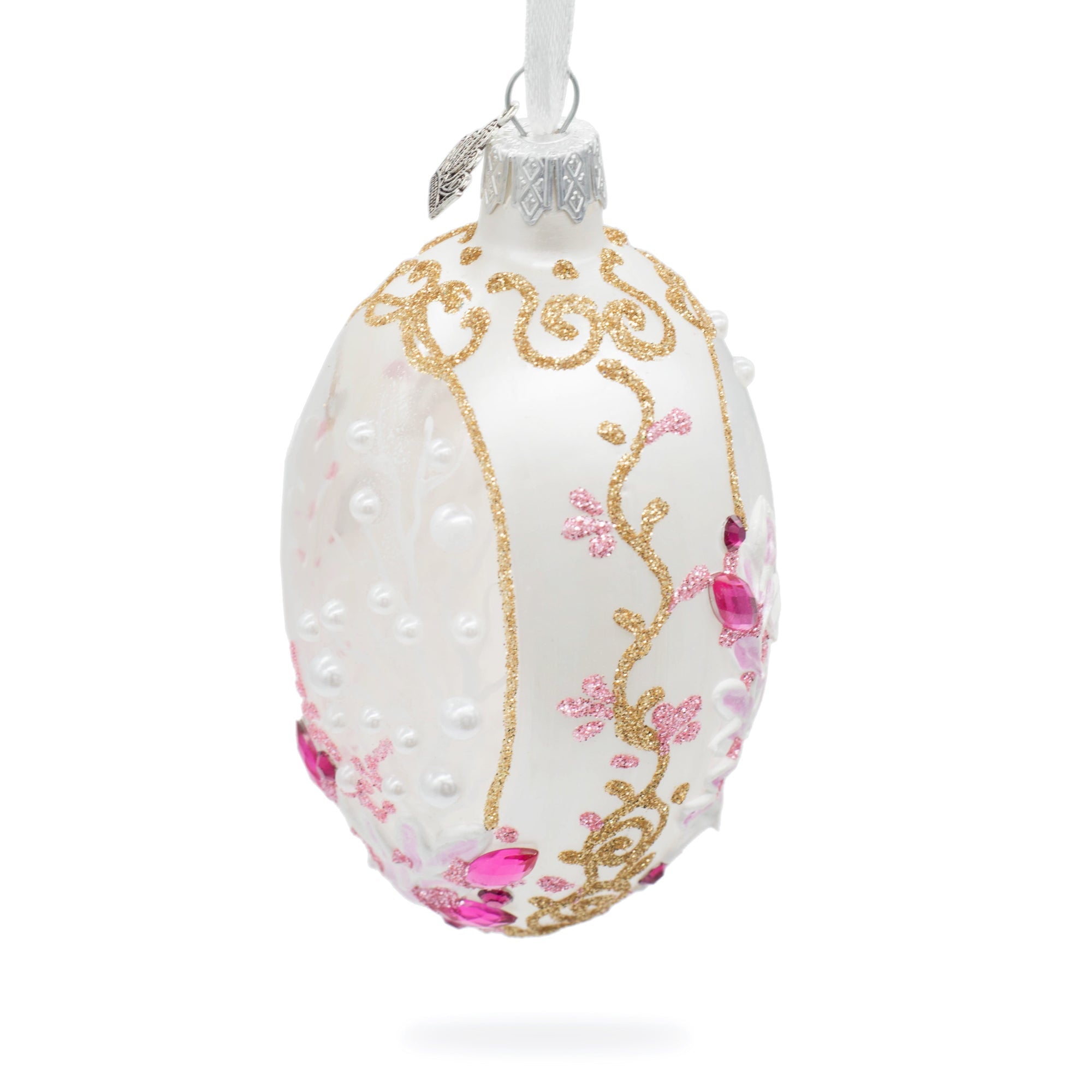 Pink Pearls On Clear Glass Egg Ornament 4 Inches