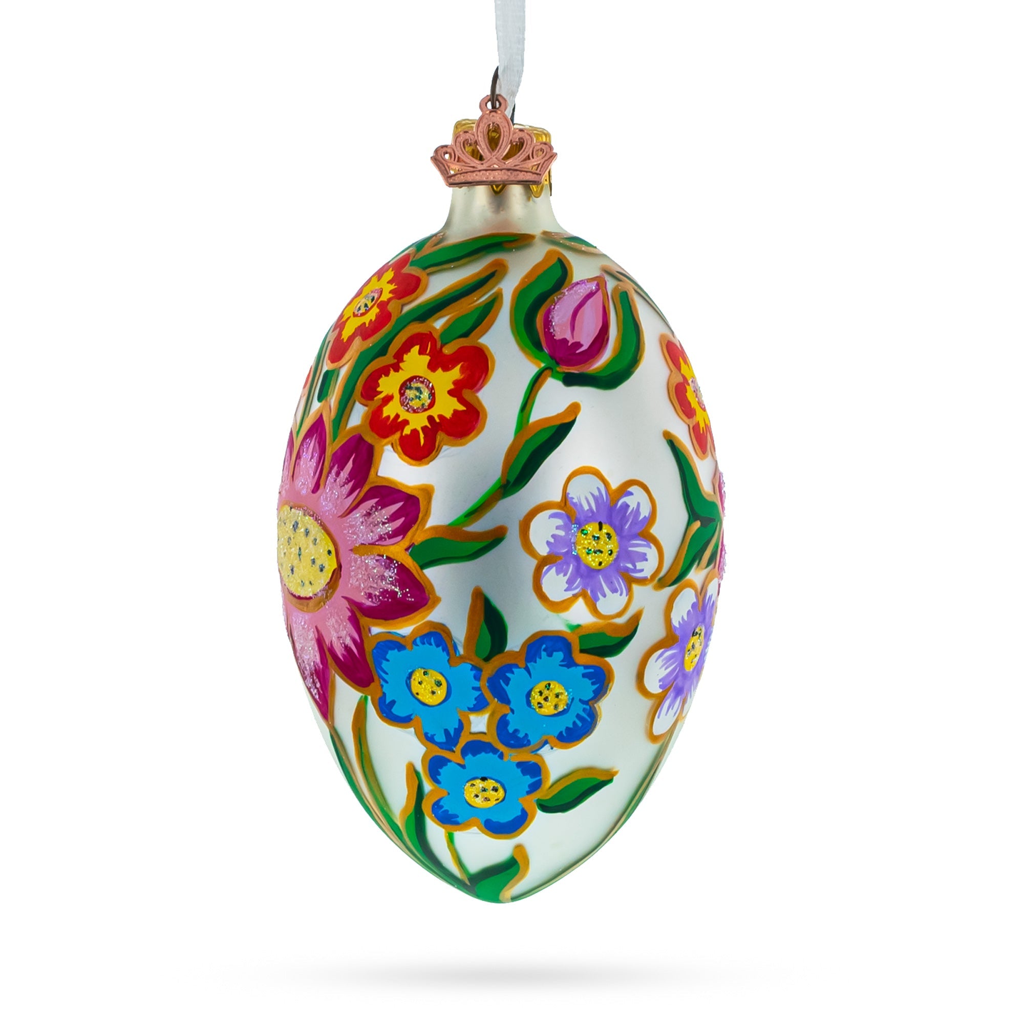 Colorful Flowers Glass Egg Ornament 4 Inches