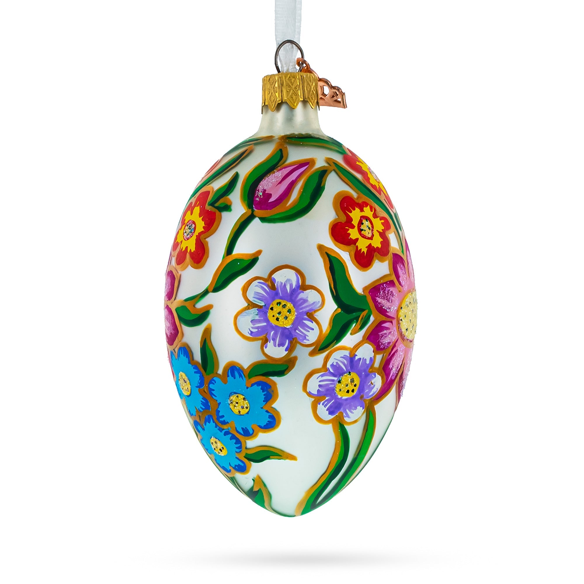 Colorful Flowers Glass Egg Ornament 4 Inches