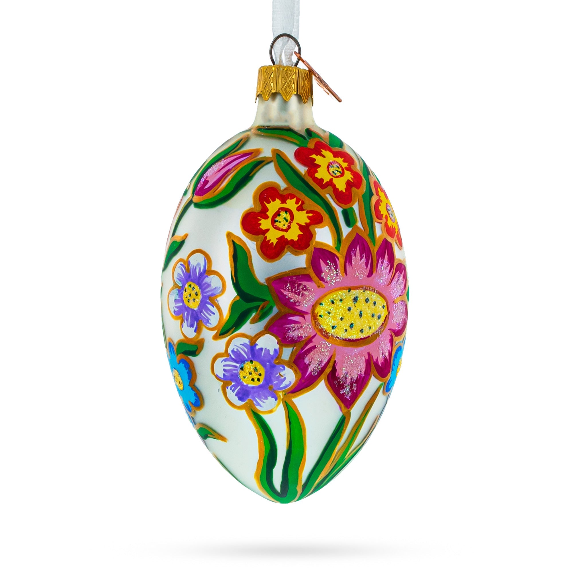 Colorful Flowers Glass Egg Ornament 4 Inches