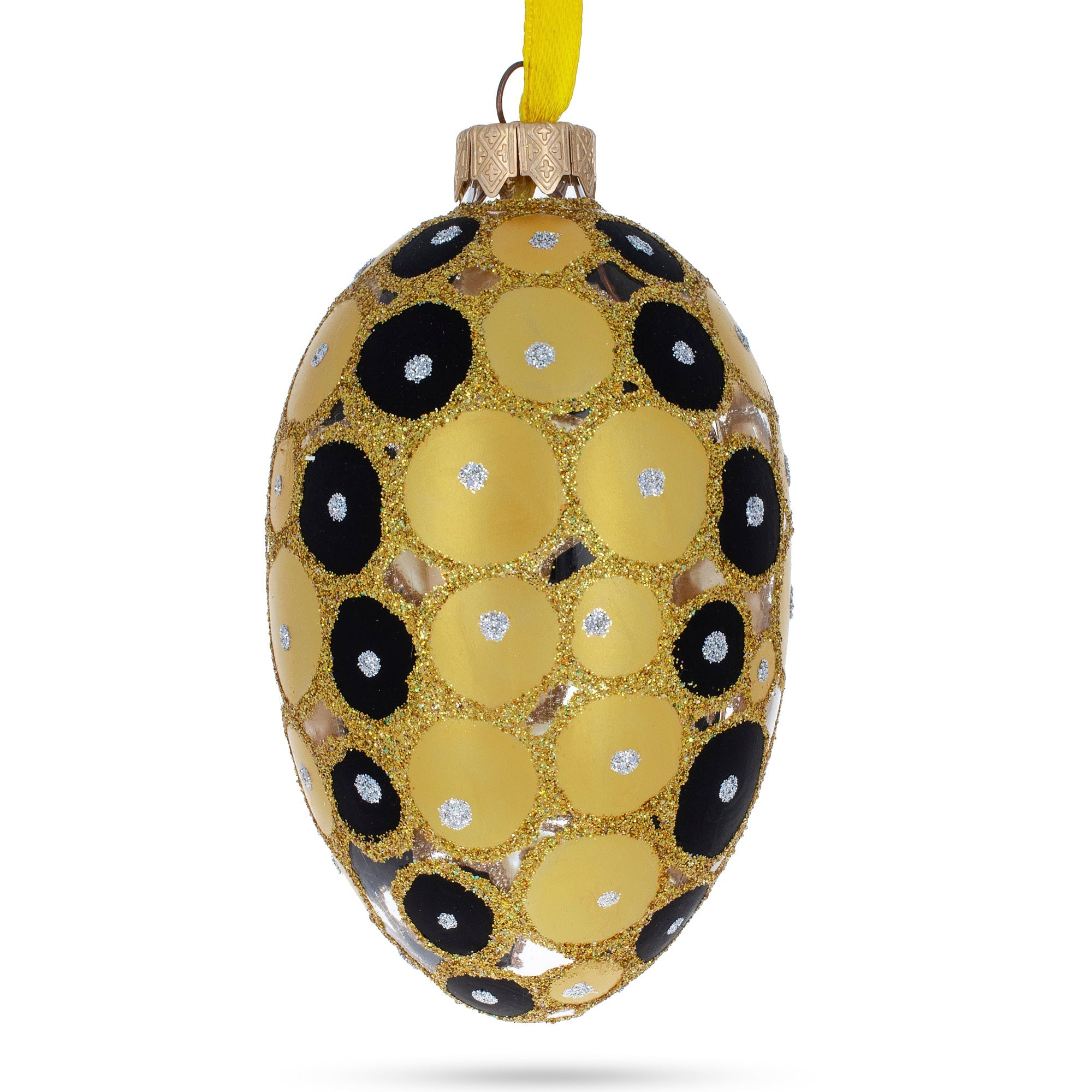 Gold And Black Circles Glass Egg Christmas Ornament 4 Inches