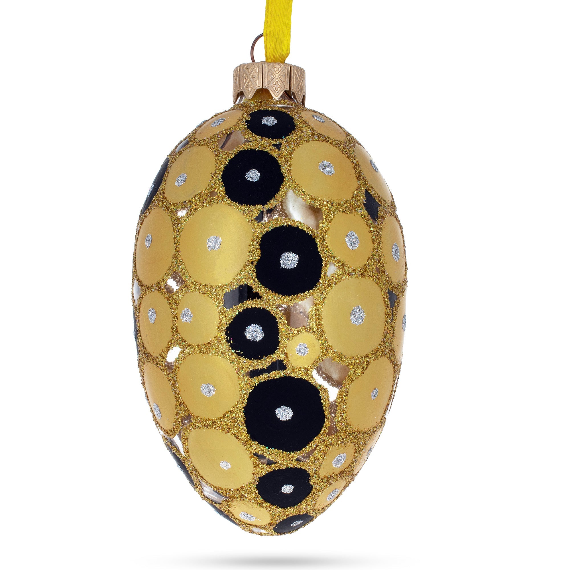 Gold And Black Circles Glass Egg Christmas Ornament 4 Inches