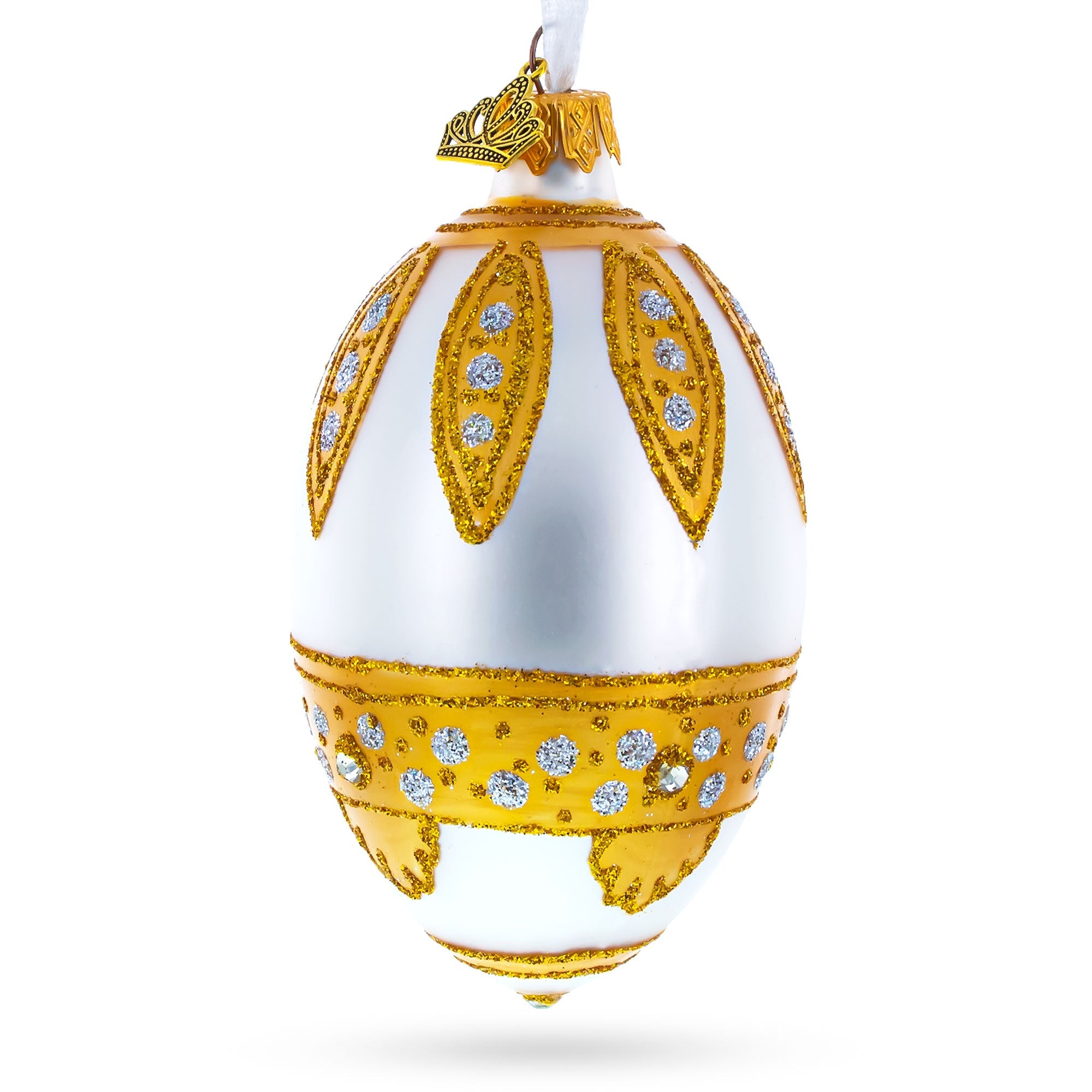 Golden Leaves On White Egg Glass Ornament 4 Inches