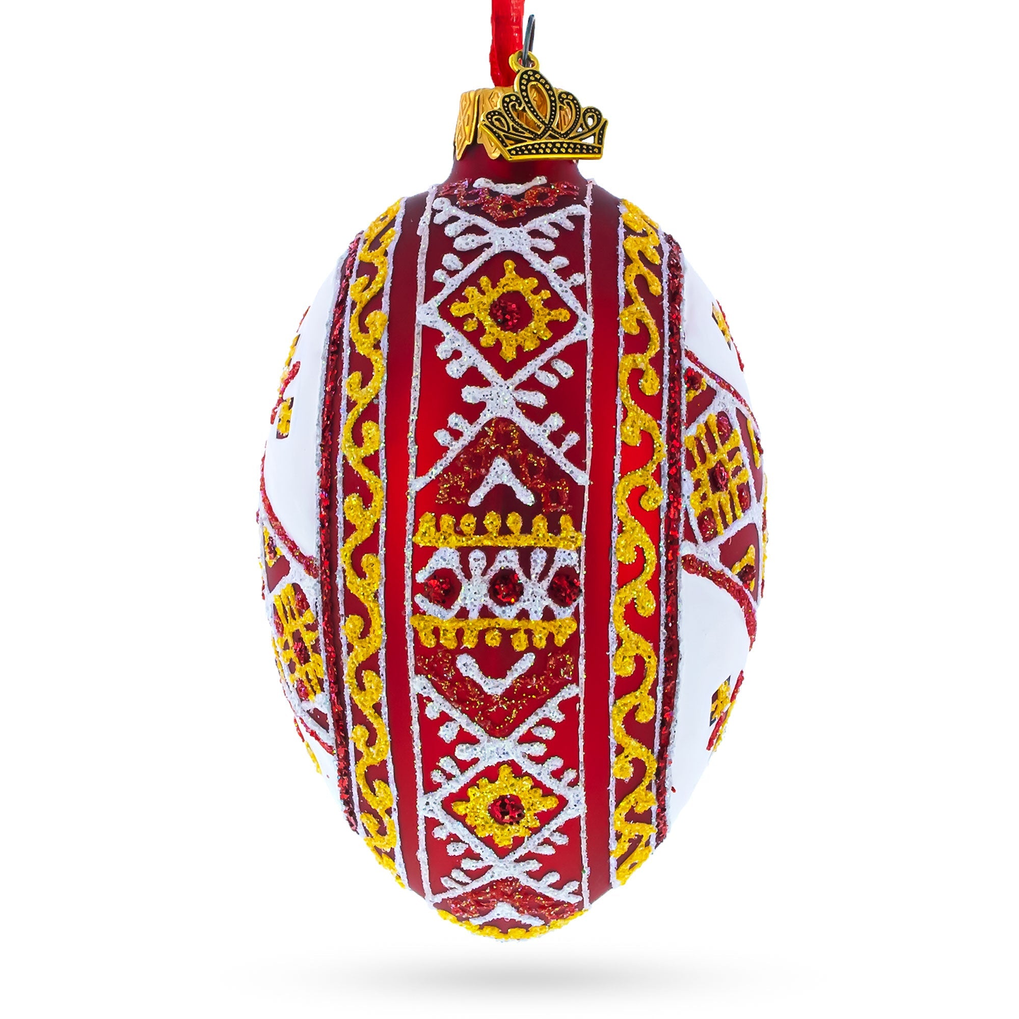 Red Stripe Ukrainian Pysanka Glass Egg Ornament 4 Inches