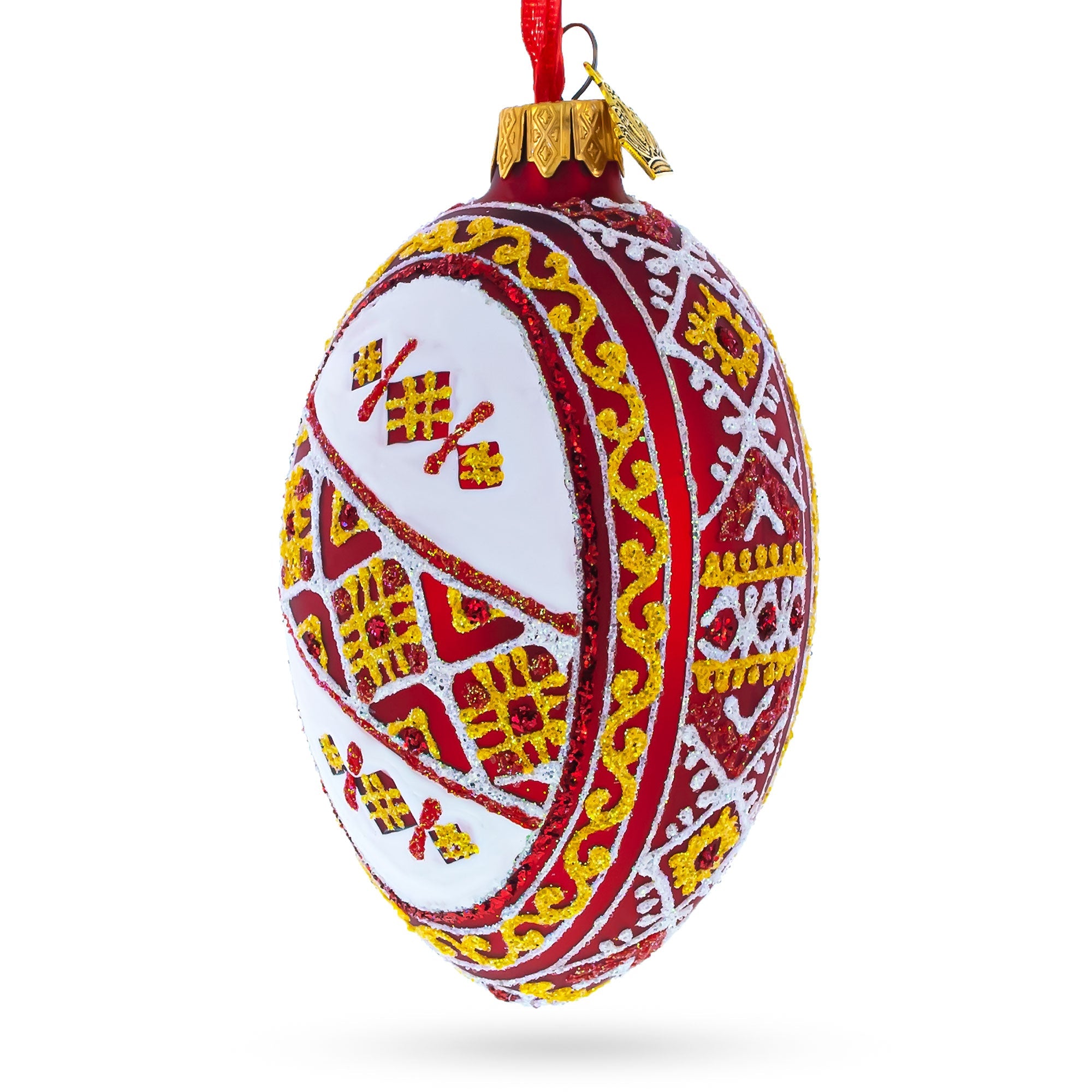 Red Stripe Ukrainian Pysanka Glass Egg Ornament 4 Inches