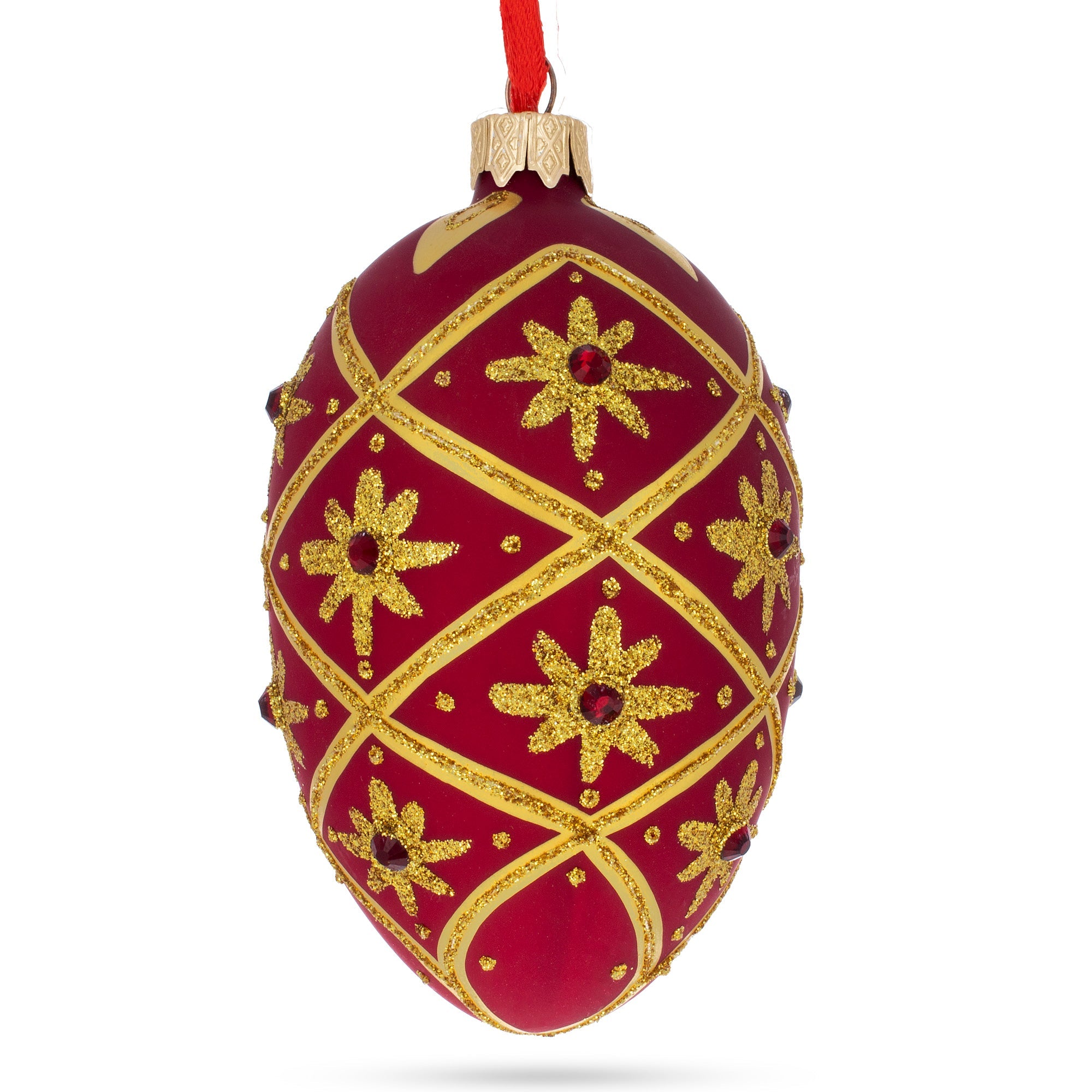 Gold Stars On Red Glass Egg Ornament 4 Inches