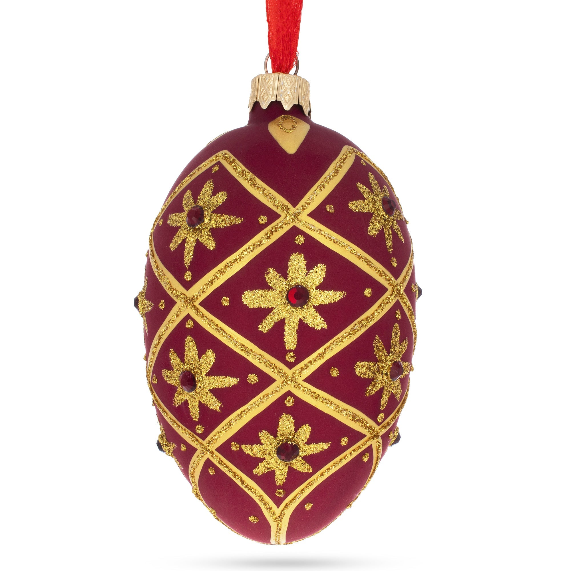 Gold Stars On Red Glass Egg Ornament 4 Inches