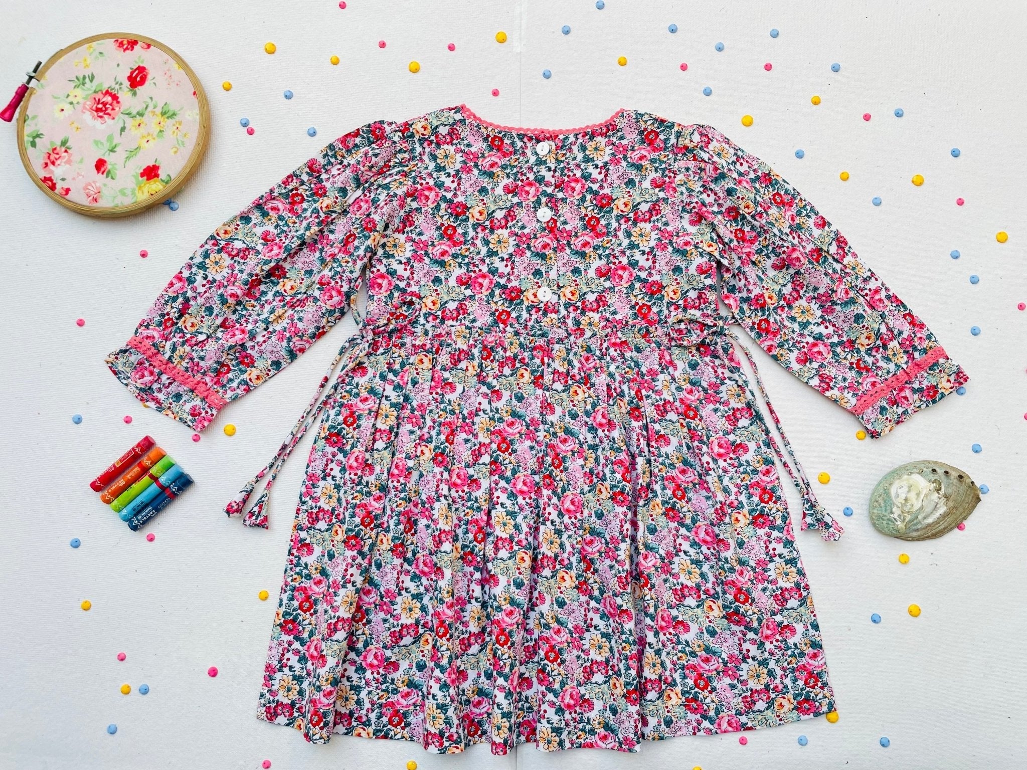 Long Sleeves Pink Bloom Overlap Girl's Cotton Dress