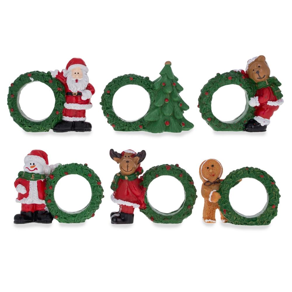 Set Of 6 Santa, Snowman, Reindeer, Christmas Wreath Napkin Rings 2.5 Inches