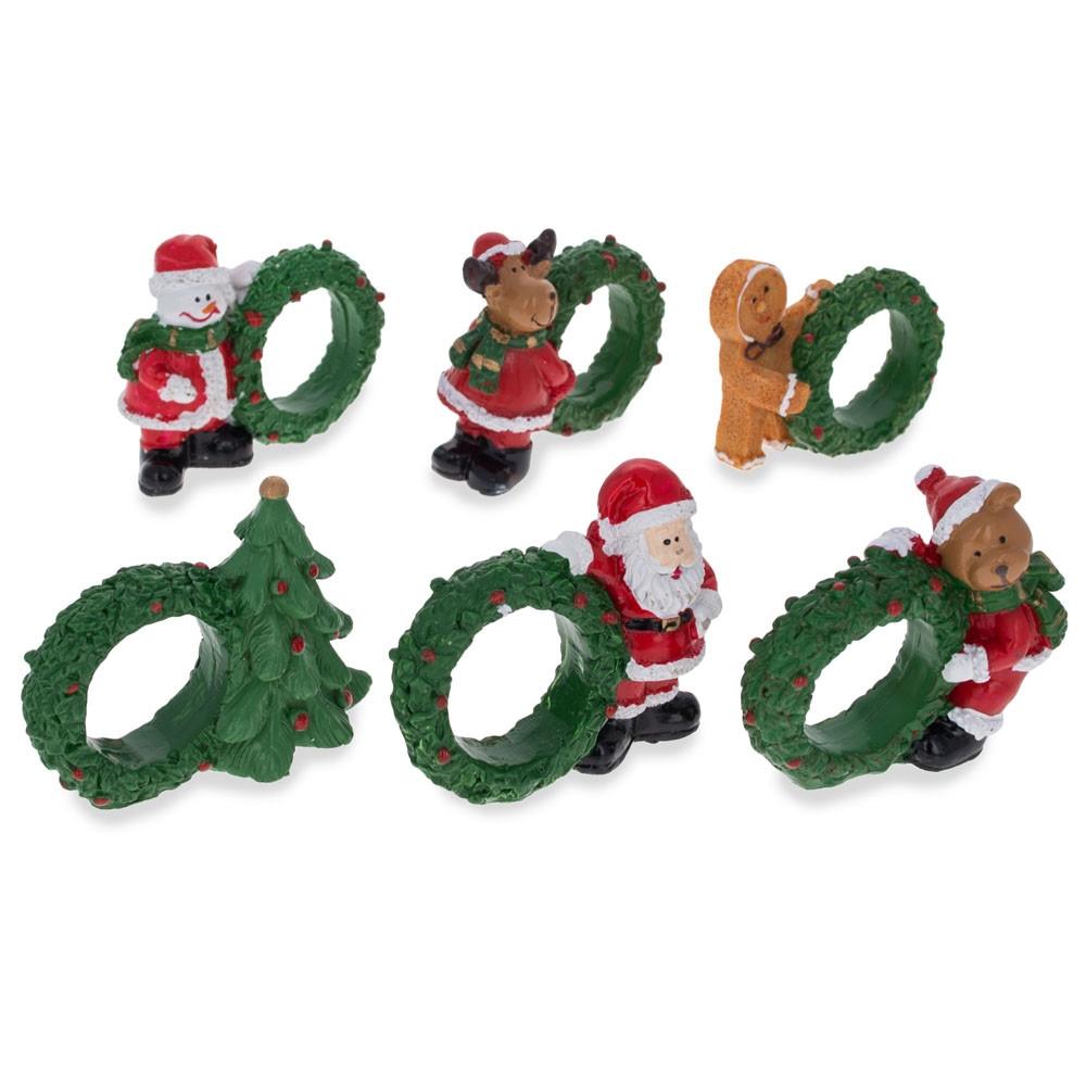 Set Of 6 Santa, Snowman, Reindeer, Christmas Wreath Napkin Rings 2.5 Inches