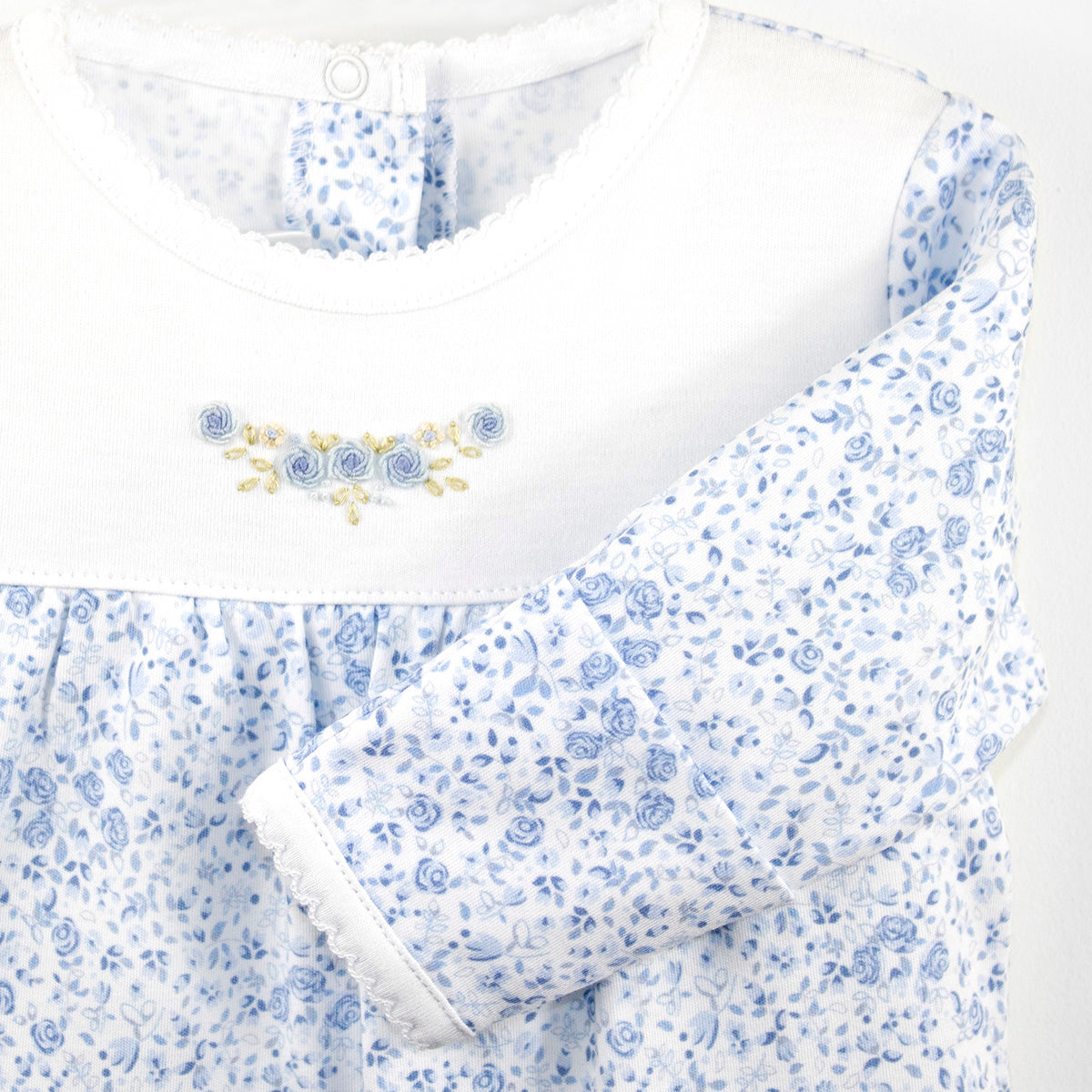 Blue Roses Embroidery And Printed Footie | Baby Girl
