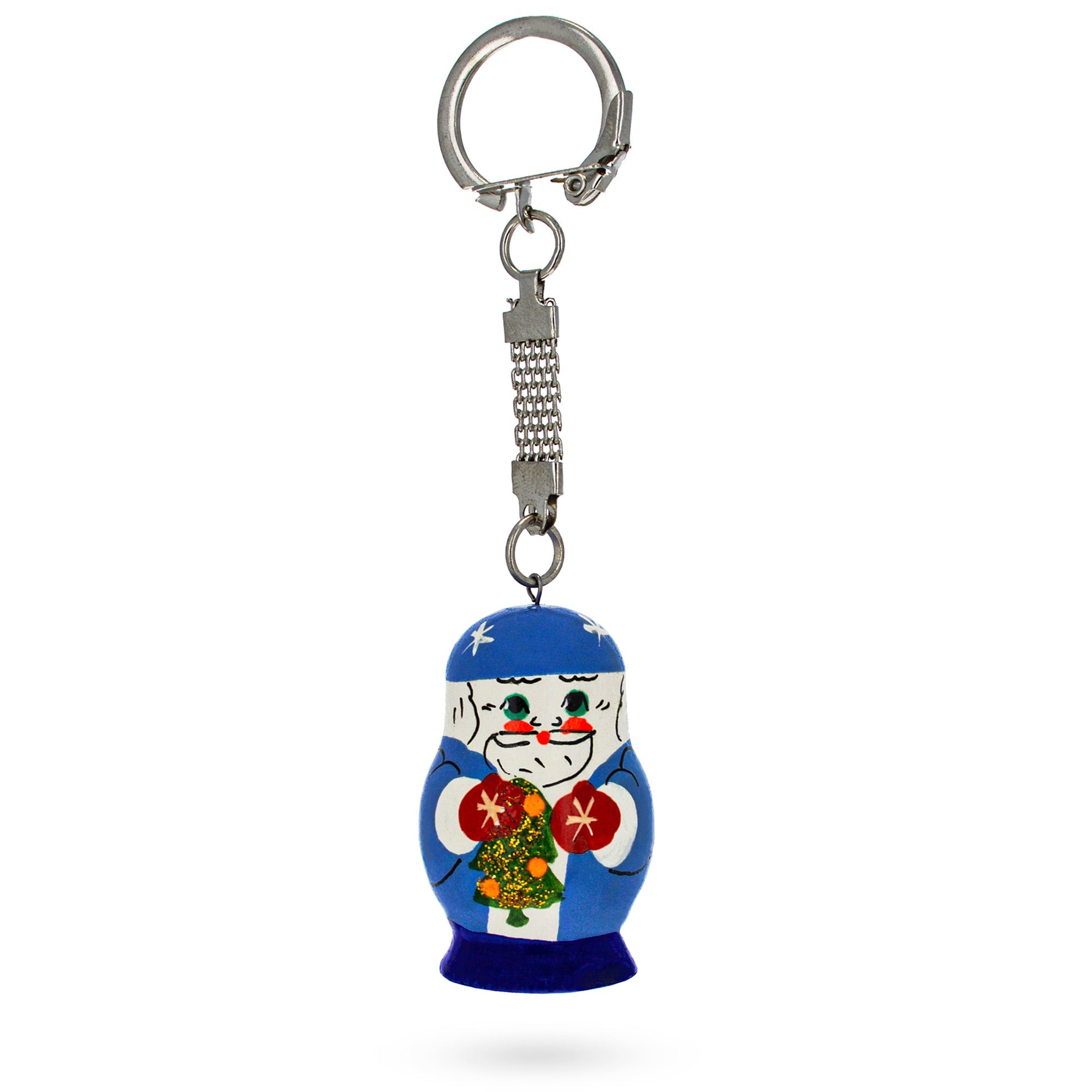 Santa In Blue Color Wooden Key Chain