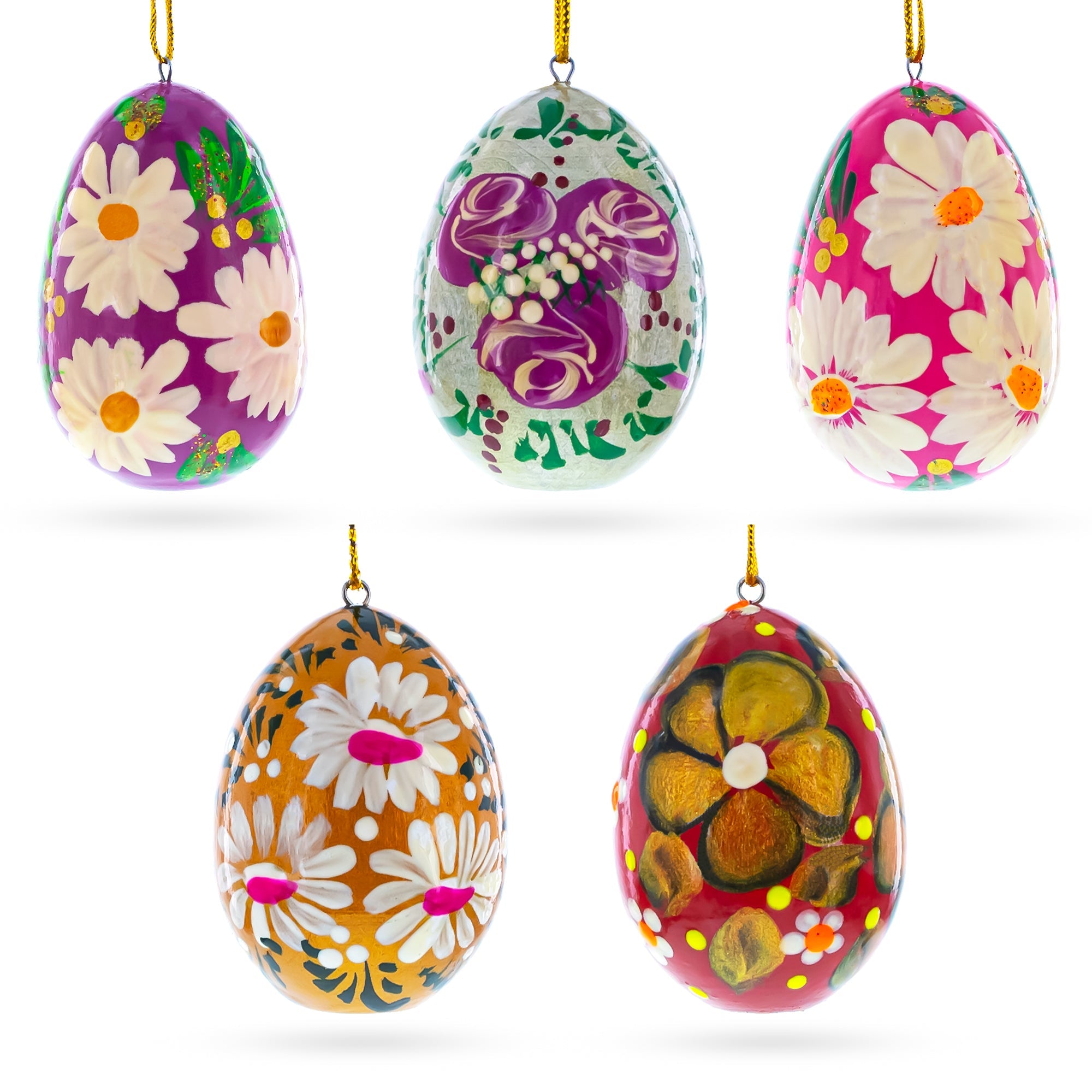 Set Of 5 Flowery Painting Miniatured Multicolored Wooden Easter Egg Ornaments