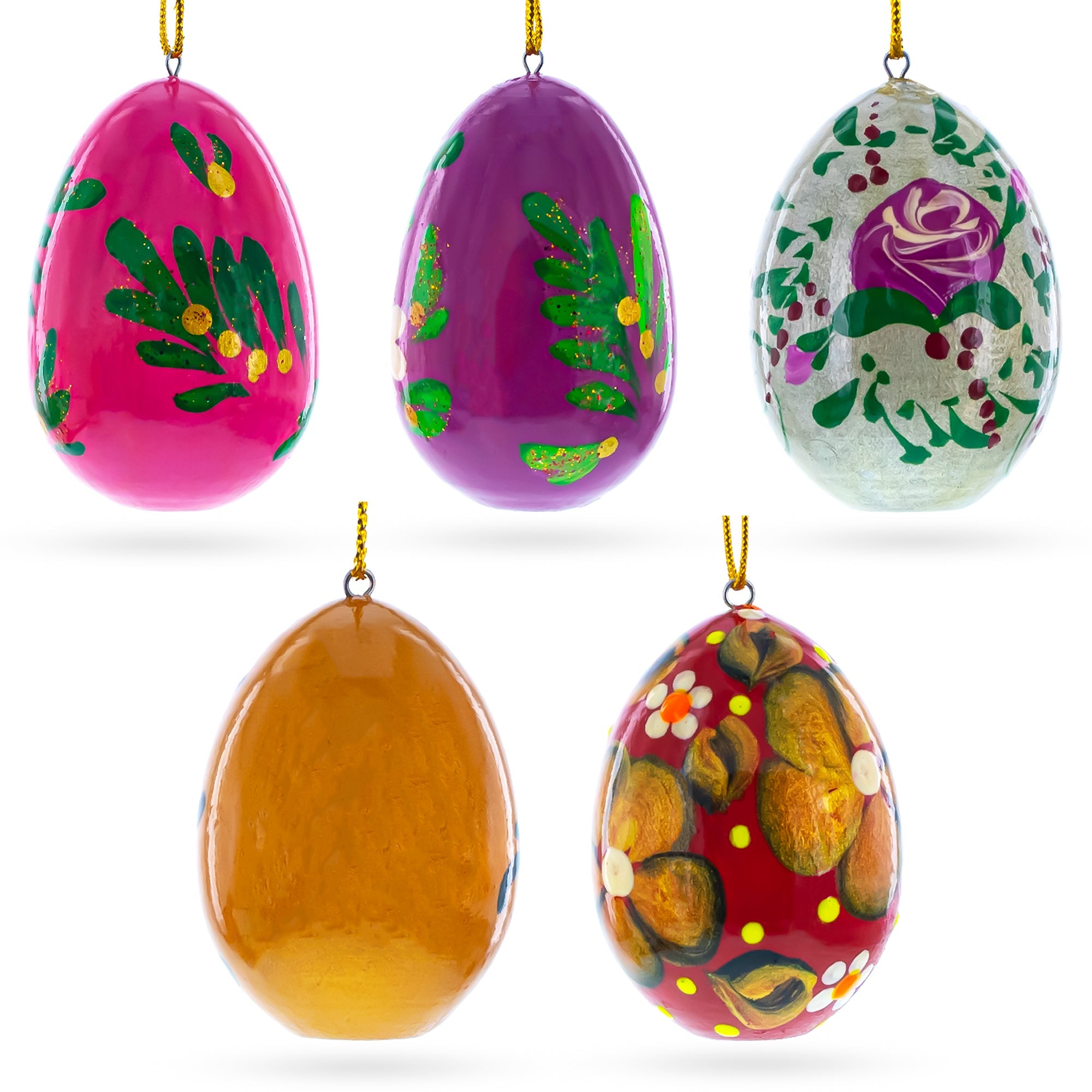 Set Of 5 Flowery Painting Miniatured Multicolored Wooden Easter Egg Ornaments