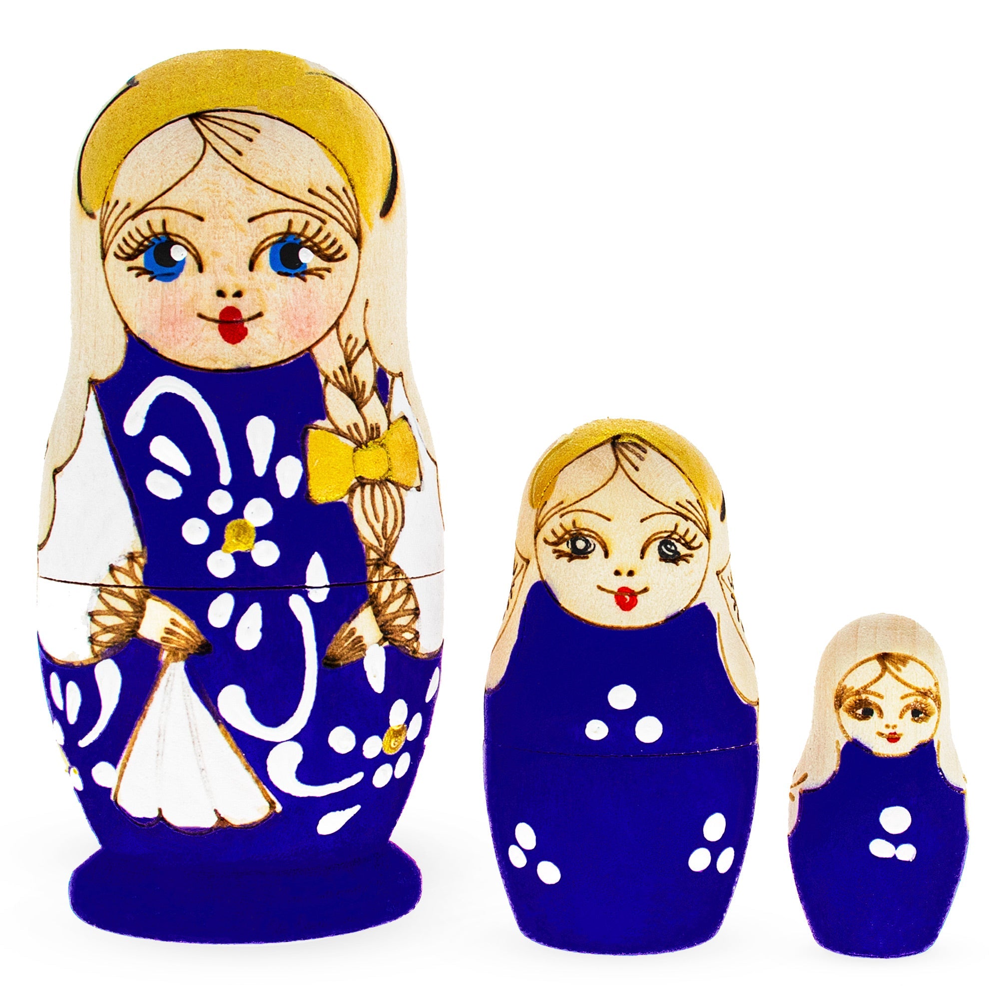 Set Of 3 Pieces Blue Woodburning Style Wooden Nesting Dolls