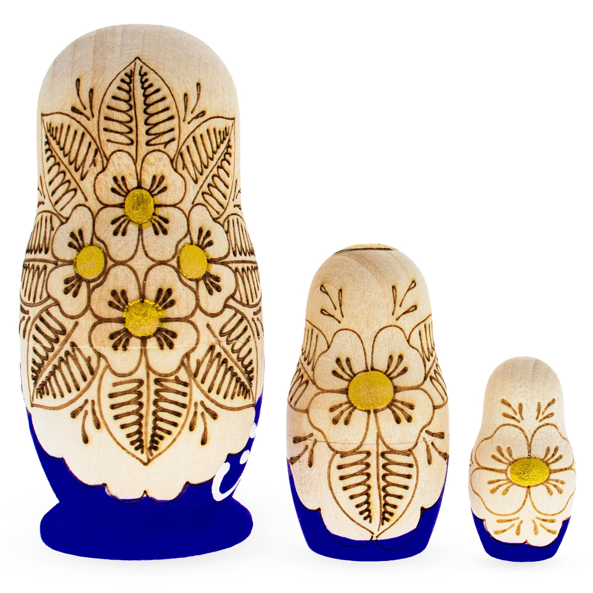 Set Of 3 Pieces Blue Woodburning Style Wooden Nesting Dolls