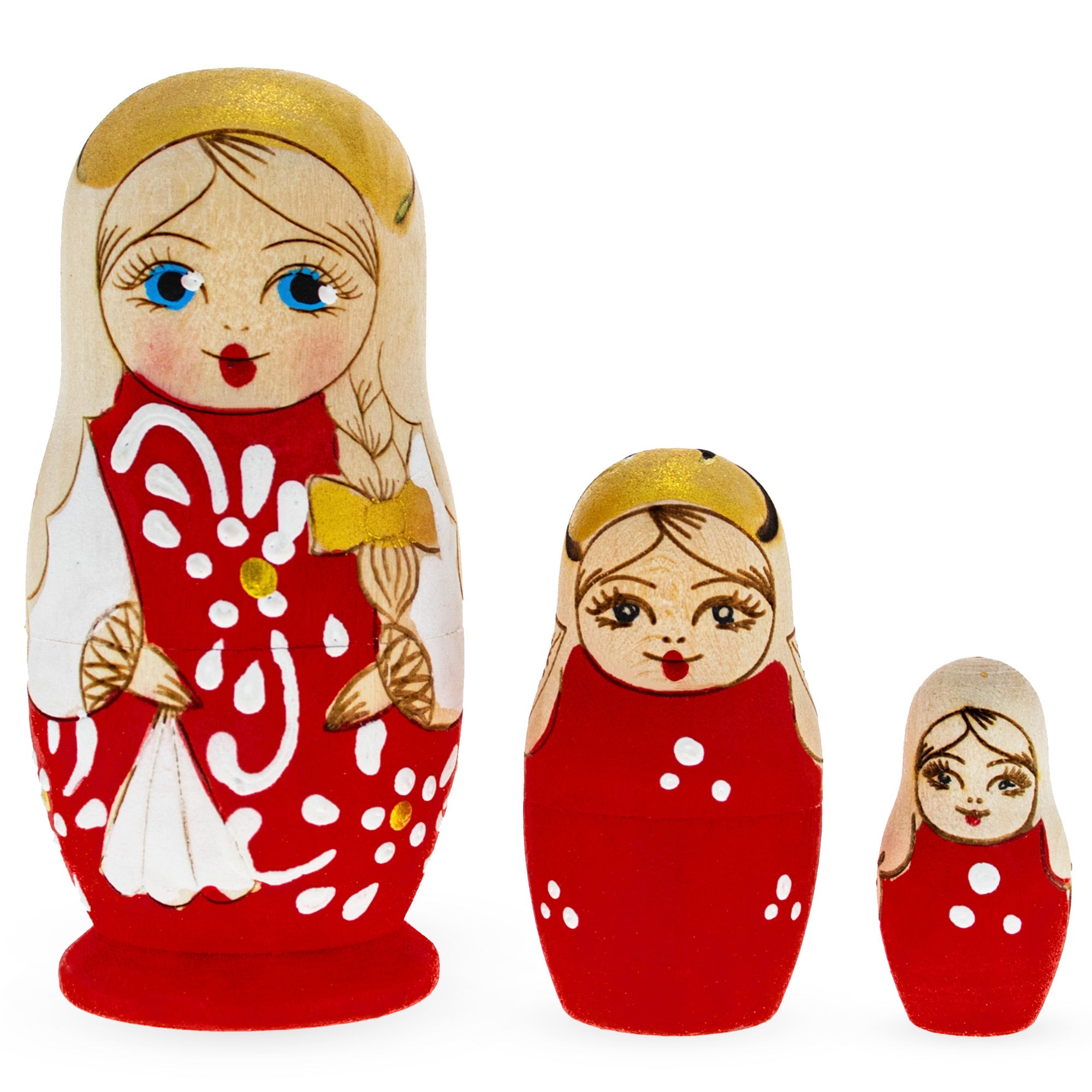 Set Of 3 Red Woodburning Style  Wooden Nesting Dolls