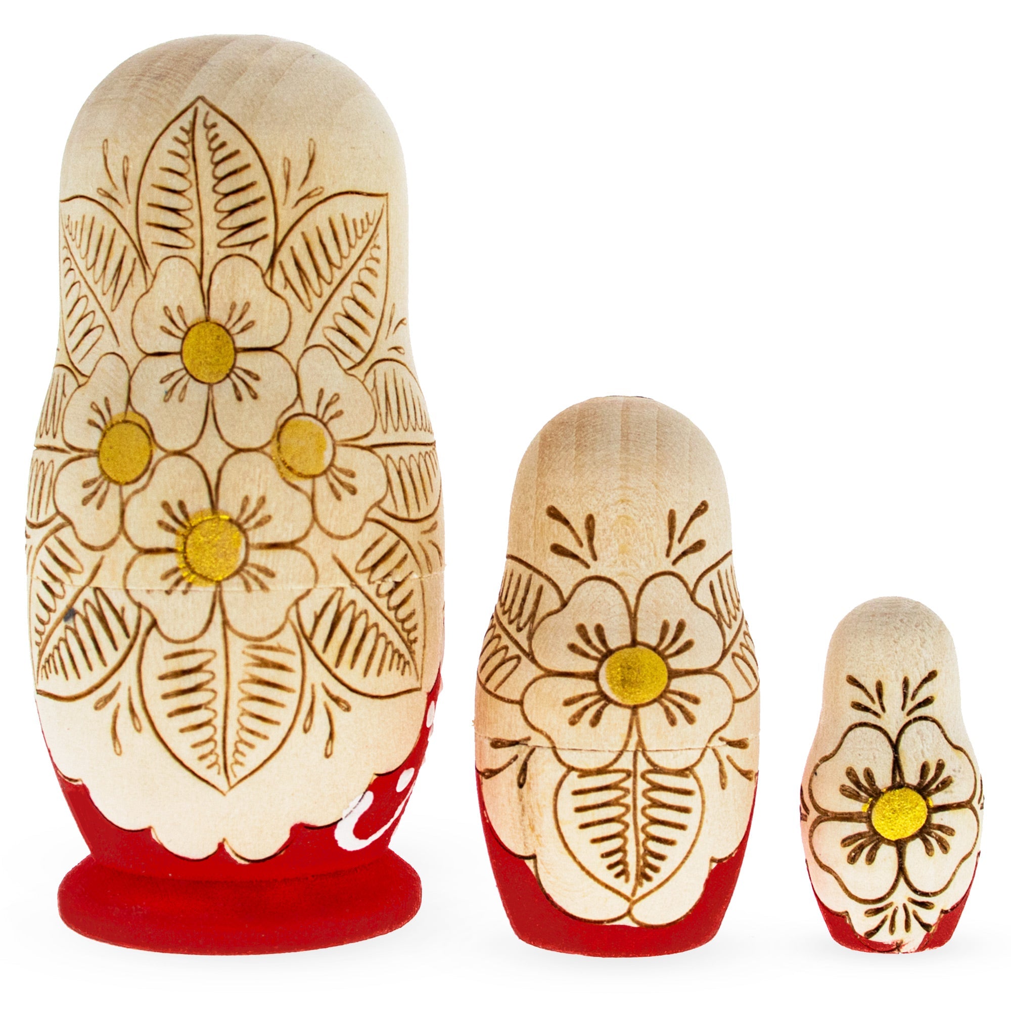 Set Of 3 Red Woodburning Style  Wooden Nesting Dolls